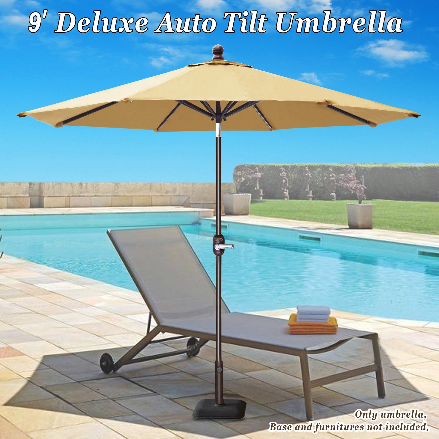 9 Ft Aluminum Patio Umbrella with Auto Tilt & Crank - Heavy Duty Outdoor Table Umbrella with Polyester Cover & 8 Sturdy Ribs - Perfect for Poolside, Backyard, Deck & Patio Furniture