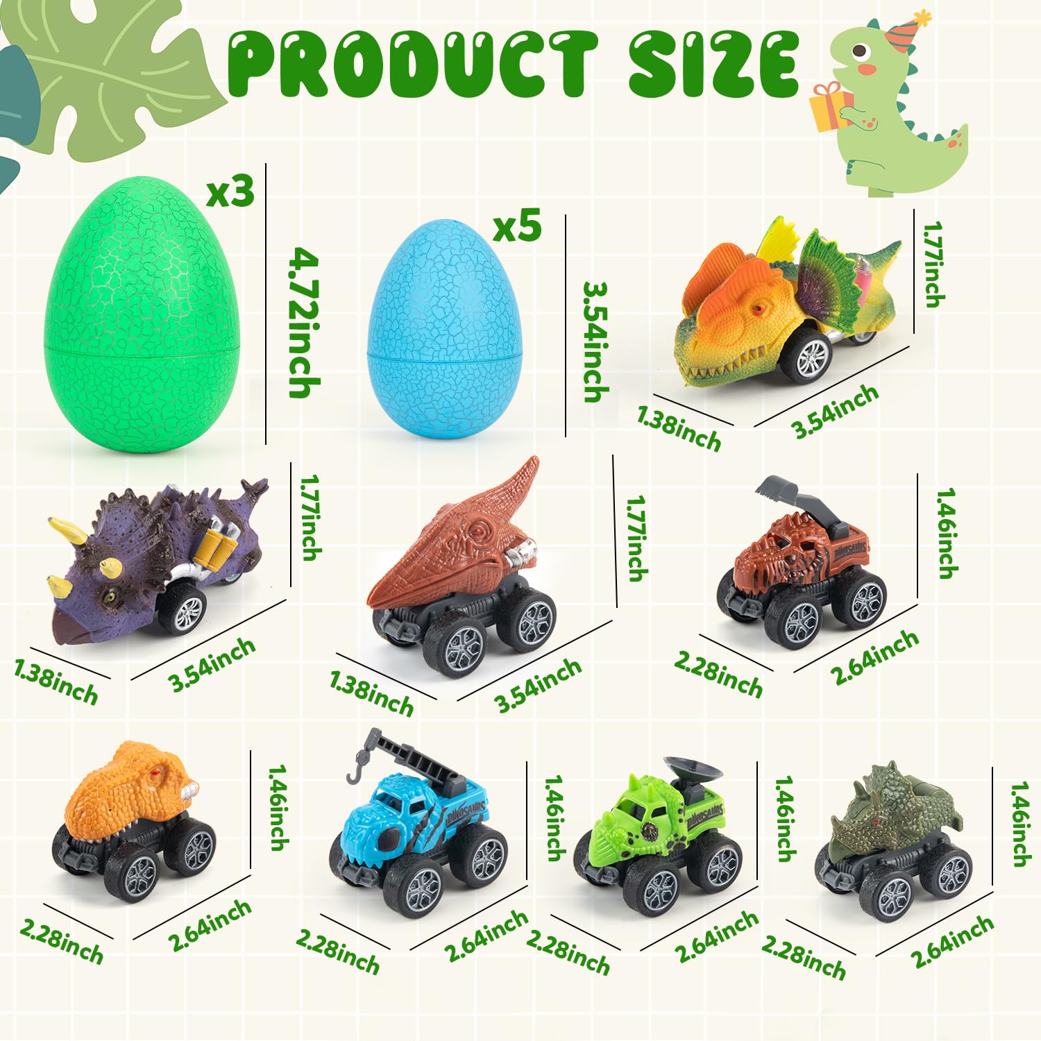 8 Pack Prefilled Easter Eggs with Dinosaur Pull Back Cars - Easter Basket Stuffers for Kids, Boys, Teens & Toddlers - Fun Easter Party Favors & Egg Hunt Prizes for Boys Birthday Gifts