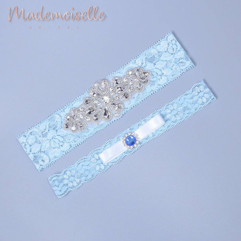 Elegant Sapphire & Crystal Bridal Garter Set - Blue Wedding Garter Belt for Bride - Perfect for Something Blue Tradition, Bouquet Toss, and Bridal Shower Gifts