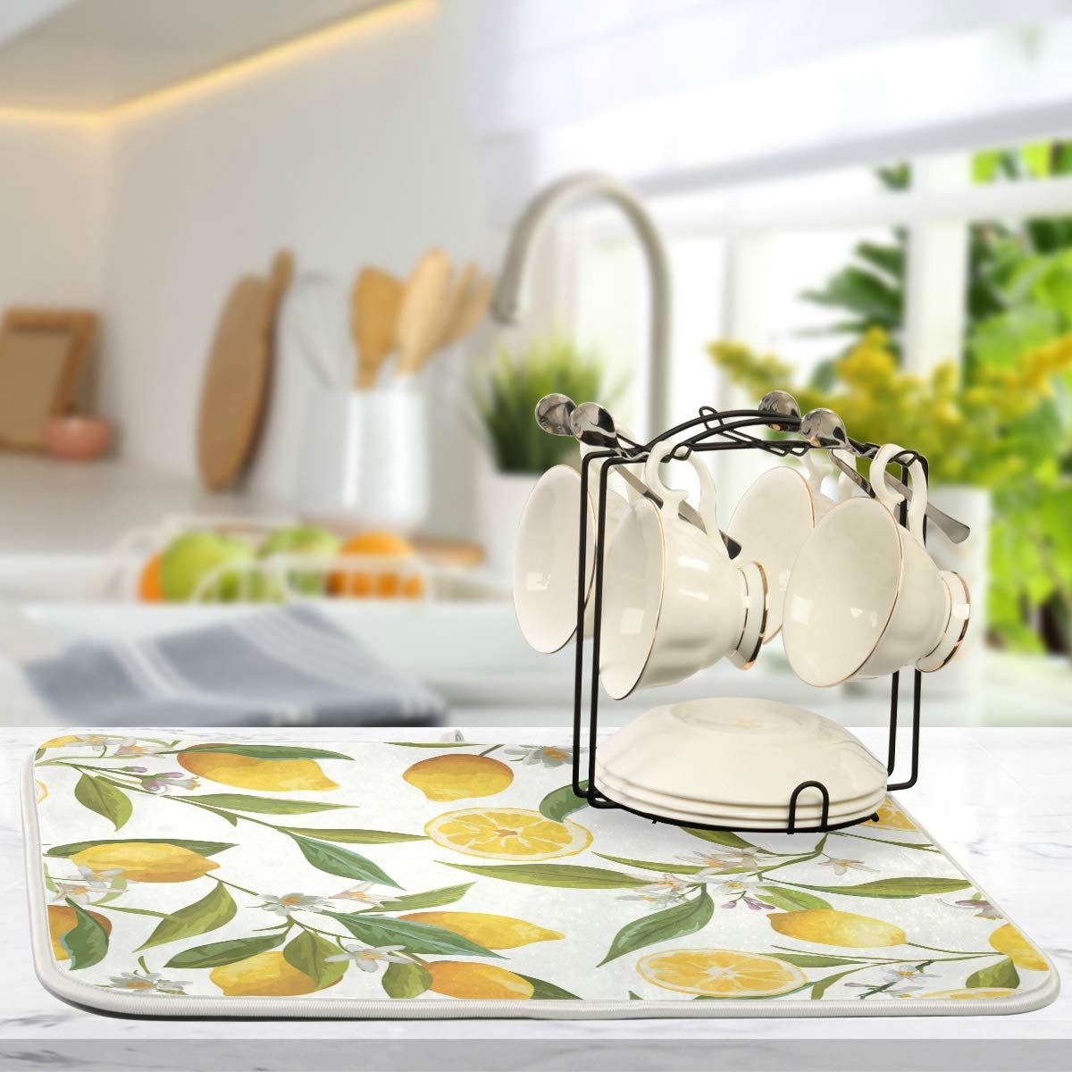 Lemon Tree Pattern Kitchen Dish Drying Mat - Heat Resistant, Non-Slip Countertop Drainer Mat (18