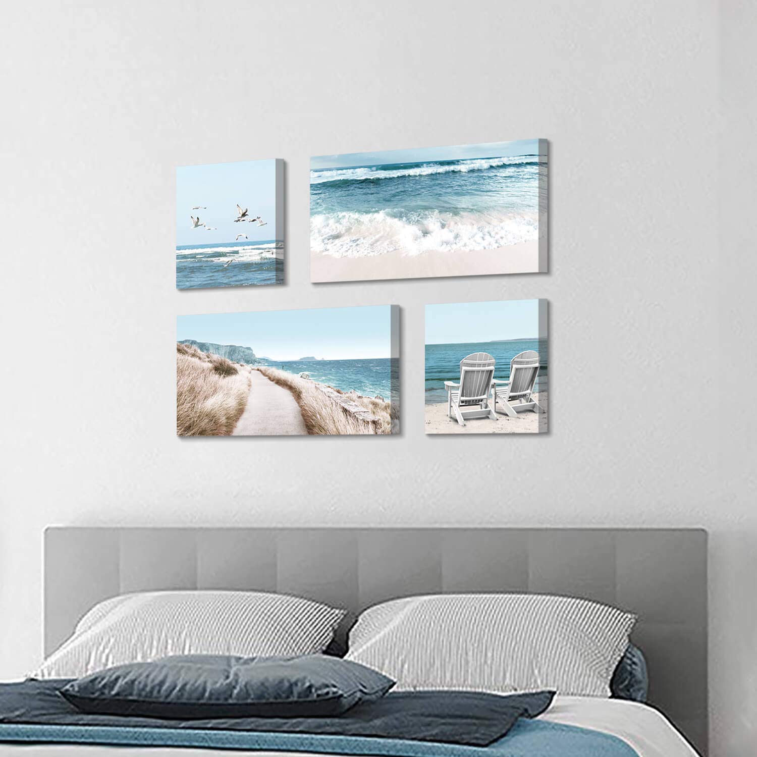 Coastal Beach Canvas Wall Art Set - 12x12 & 24x12 Inch Beach Chair & Seagull Painting Prints for Living Room, Bedroom Decor - Perfect for Beach House, Vacation Home & Coastal Style Interior Design