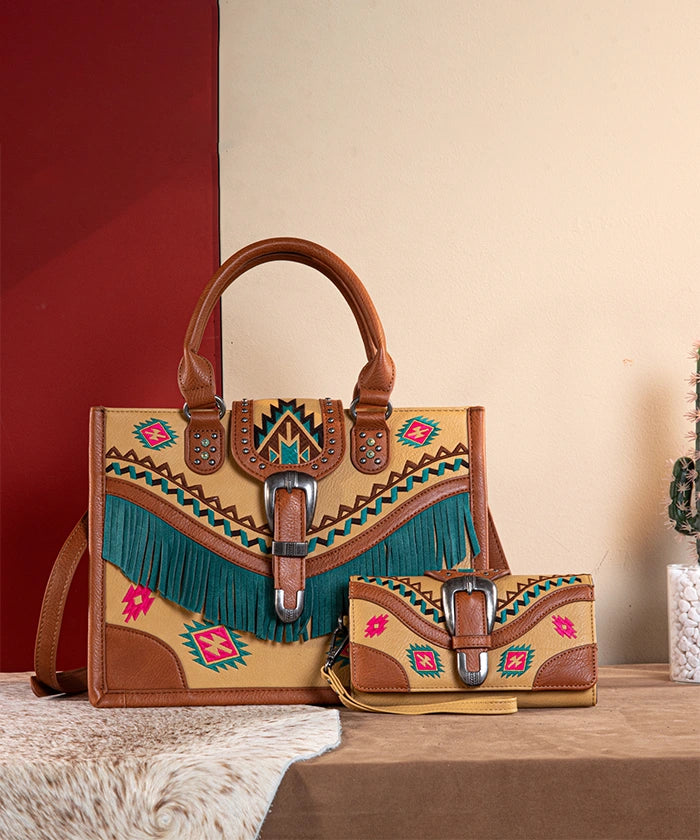 Montana West Genuine Leather Buckle Western Tote Bag Set for Women - Stylish Cowgirl Handbag & Shoulder Bag for Work, Travel and Everyday Use