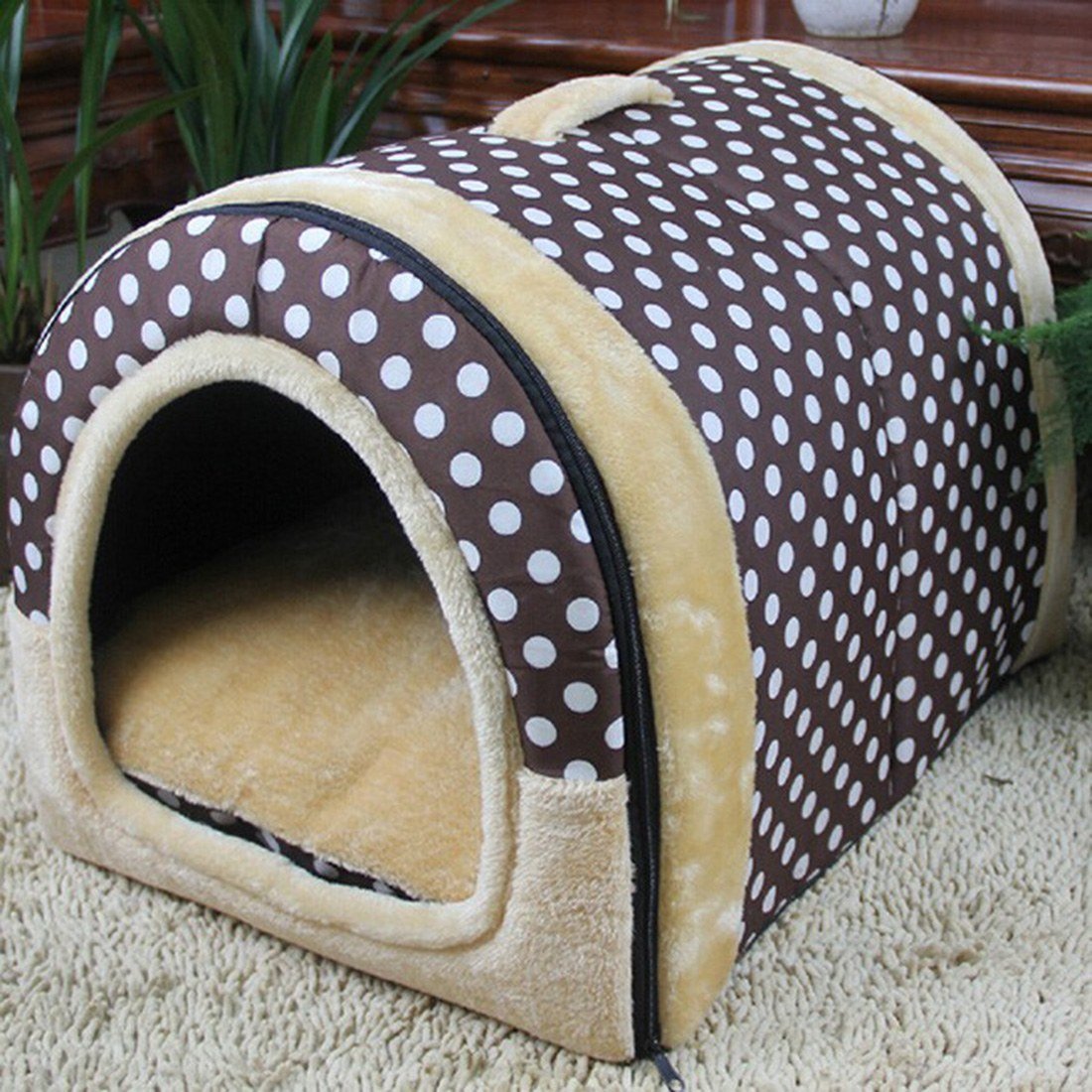 2-in-1 Portable Pet Warm House - Cozy Cat & Dog Bed with Removable Cushions | Puppy Kennel, Dog Cave & Multi-Functional Pet Bed for Small Pets (Small, Coffee Dot) - Perfect for Indoor Use, Winter Warmth & Travel Comfort