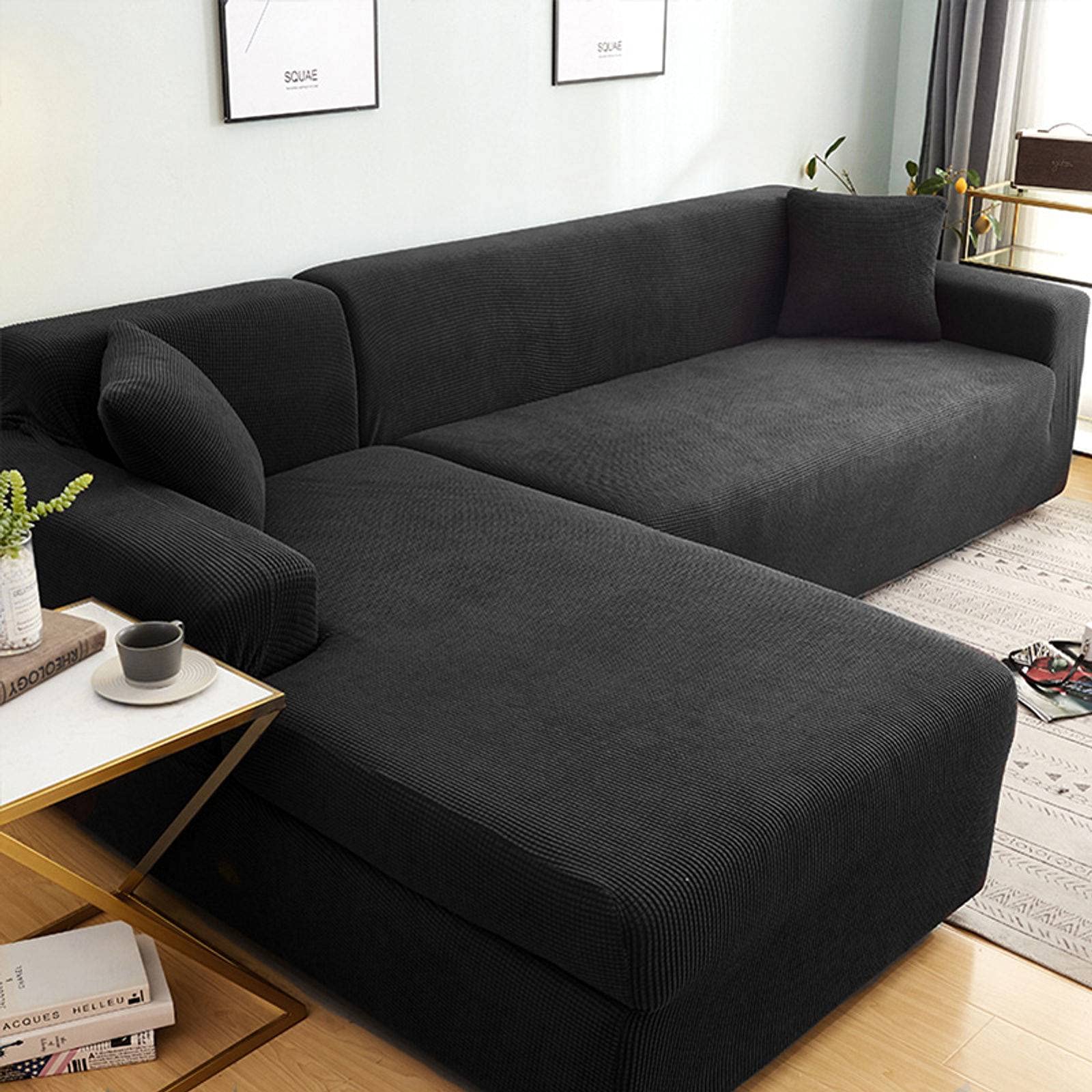 Waterproof Stretch Sofa Slipcover for 4-Seater Corner Couch (235-300cm) - Polyester Spandex Furniture Protector for Living Room with Pets & Kids - Black - Perfect for Pet Owners, Families & Home Decor