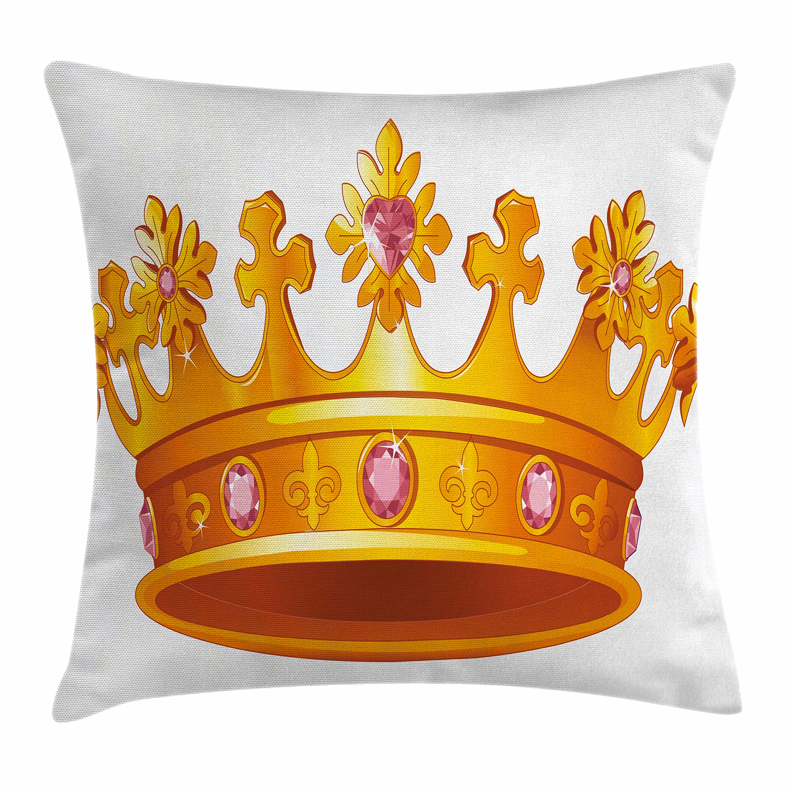 Ambesonne Queen Throw Pillow Cover 36x36 Inches - Vintage Crown with Pale Pink Gemstone Tiara Design, Orange & Rose Square Decorative Cushion Case for Sofa, Bed, Living Room, Nursery Decor