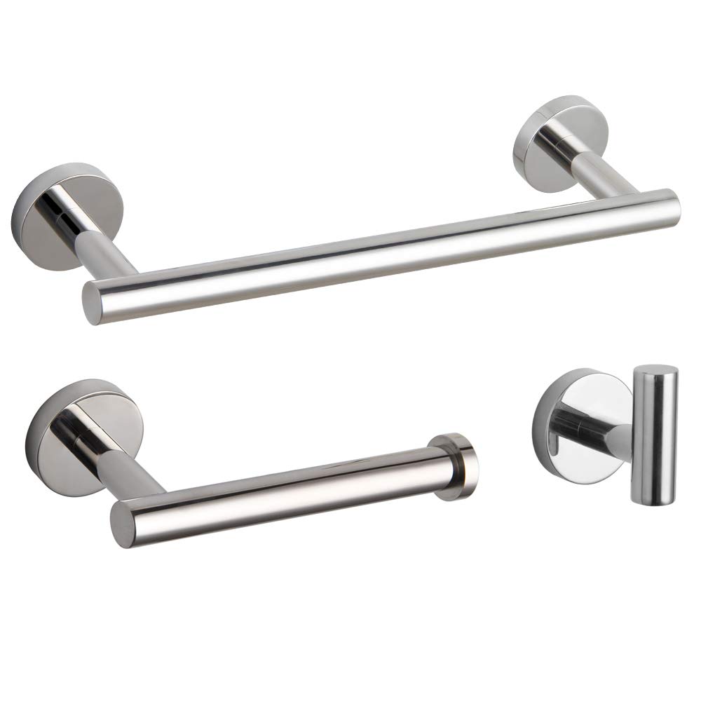 GERZ 3-Piece Bathroom Hardware Set - SUS 304 Stainless Steel Wall Mounted Towel Bar, Toilet Paper Holder & Robe Hook in Polished Chrome - Modern Bathroom Accessories for Home & Hotel Decor