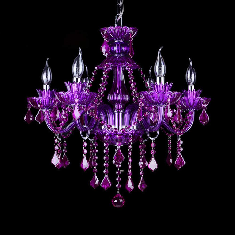LAKIQ Modern Crystal Chandelier - Adjustable Hanging Pendant Light Fixture for Dining Room, Living Room & Bedroom - 6-Light Candle Candelabra Design (Purple) - Perfect for Home Decor, Wedding Venues & Restaurant Lighting