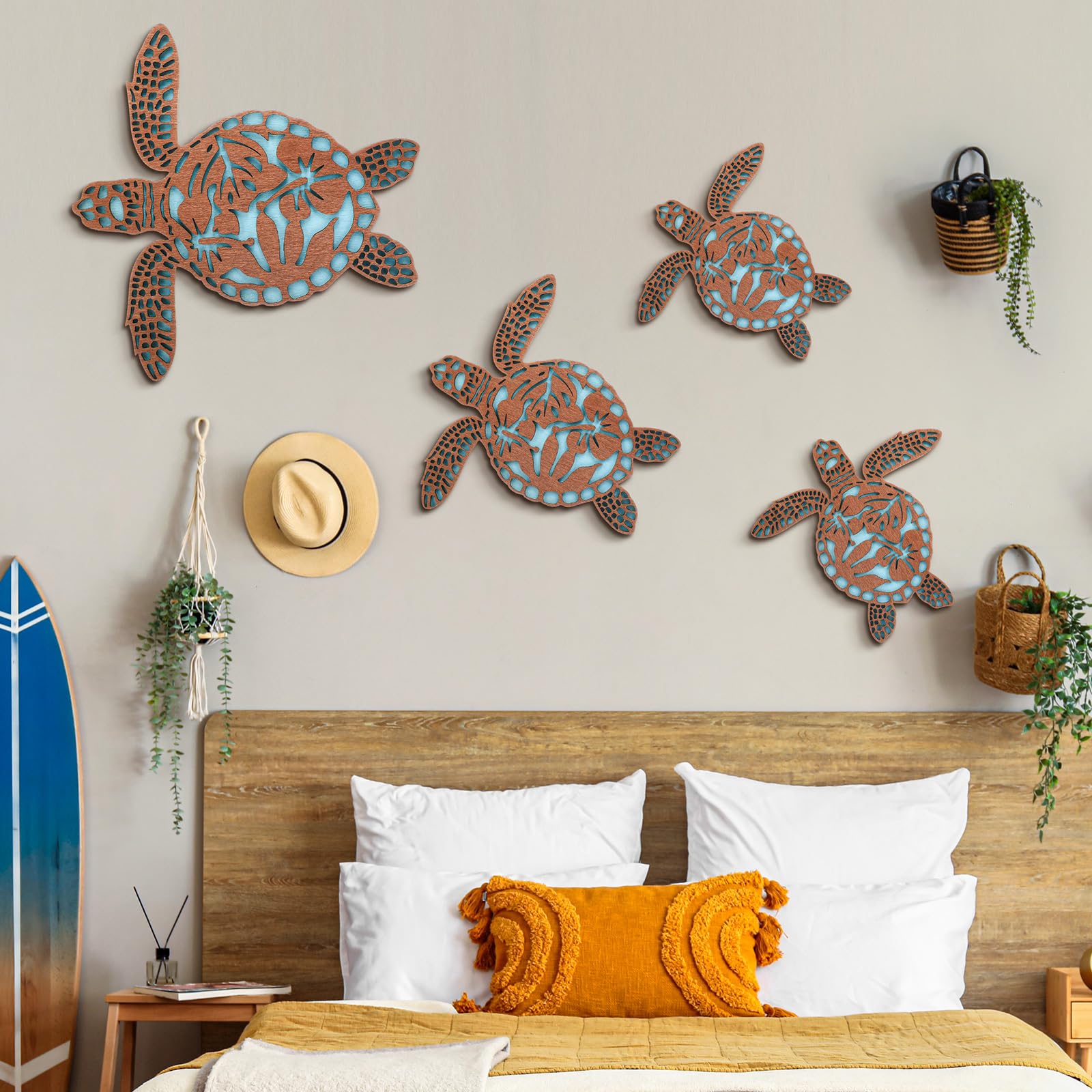 4 Pcs Coastal Wall Decor - Blue Sea Turtle, Surfboard, Seahorse, Starfish & Seashell Art for Beach Theme Bathroom, Bedroom & Home Decor | Perfect for Coastal Living Rooms, Vacation Homes & Nautical Nursery