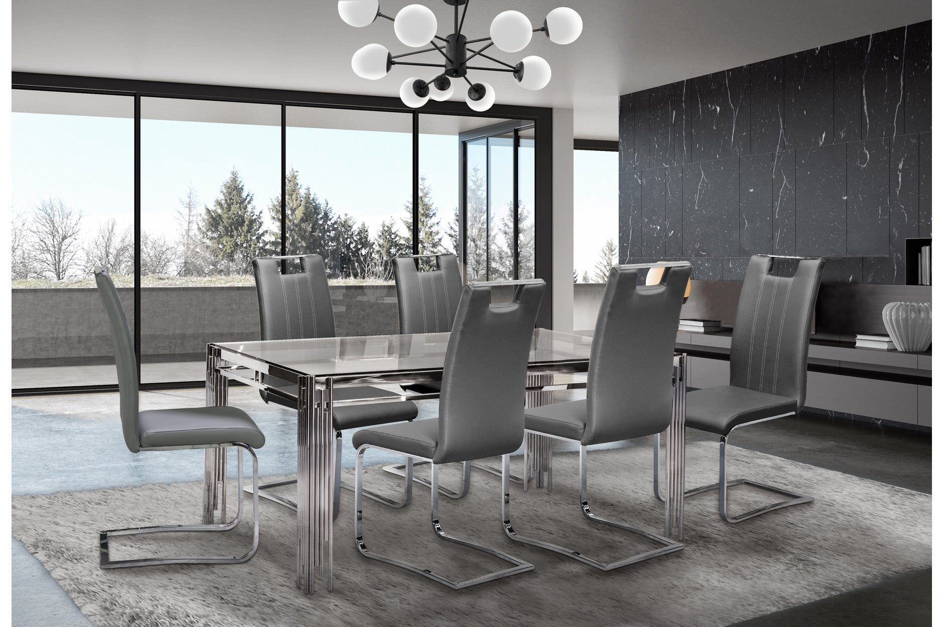 7-Piece Porfirio Dining Set with Grey Leather Zane Chairs - Elegant Modern Dining Room Furniture for Home & Entertaining