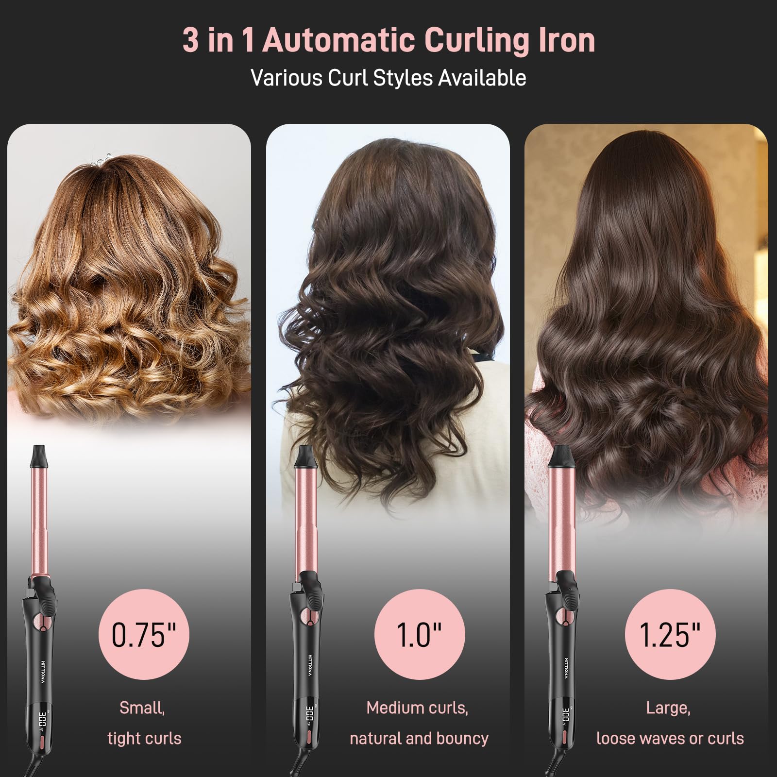 3-in-1 Rotating Curling Iron with Interchangeable Wands (3/4