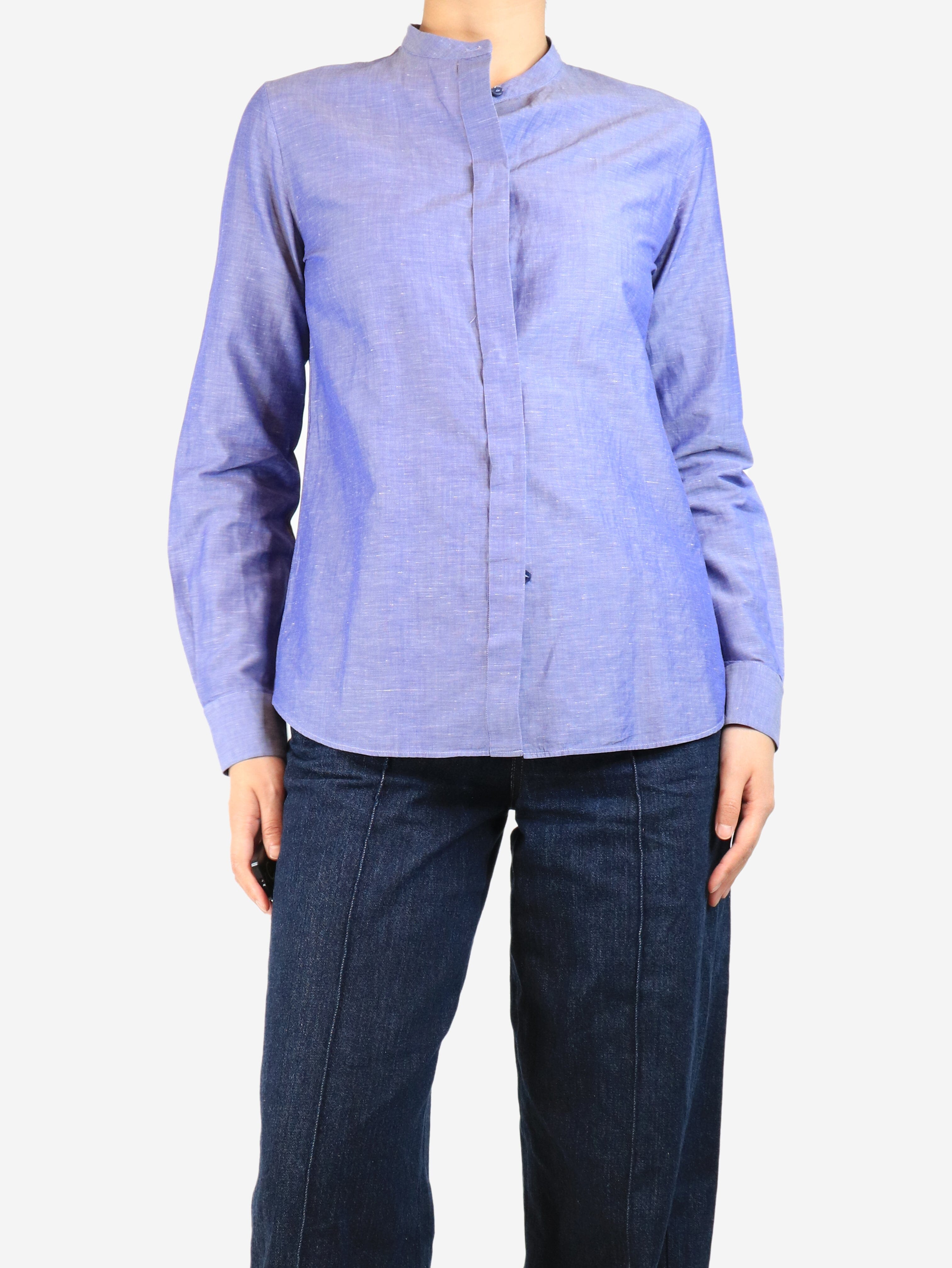 Blue Mandarin Collar Shirt for Women - UK Size 8 | Elegant Chinese Style Blouse for Casual Wear & Office Outfits