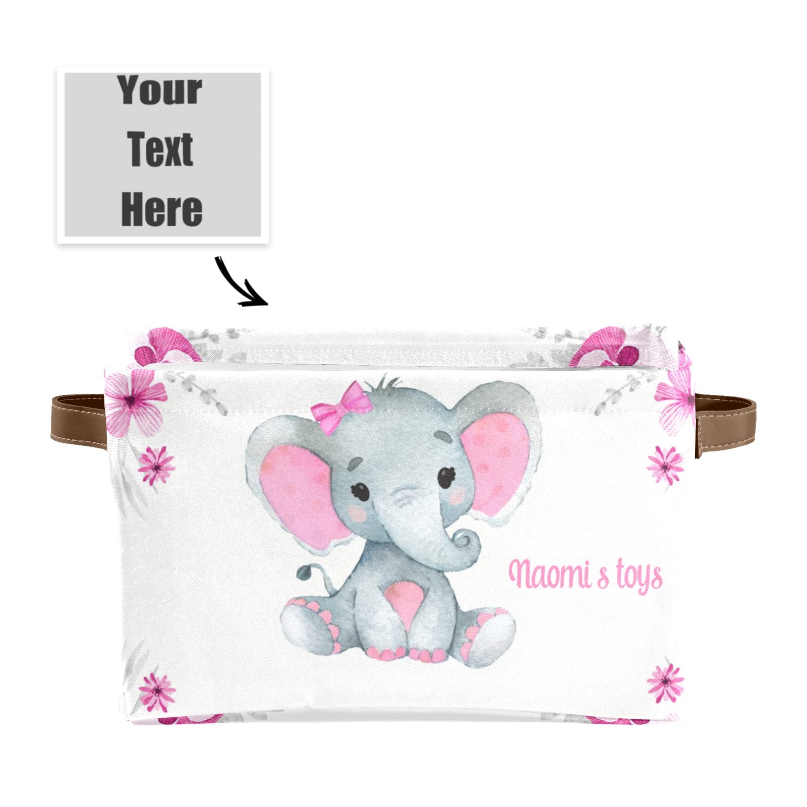 Personalized Pink Elephant Storage Bins with Handles - 1 Pack Organizer Baskets for Nursery, Closet, Shelves & Toy Storage | Perfect for Kids' Room Organization & Home Decor