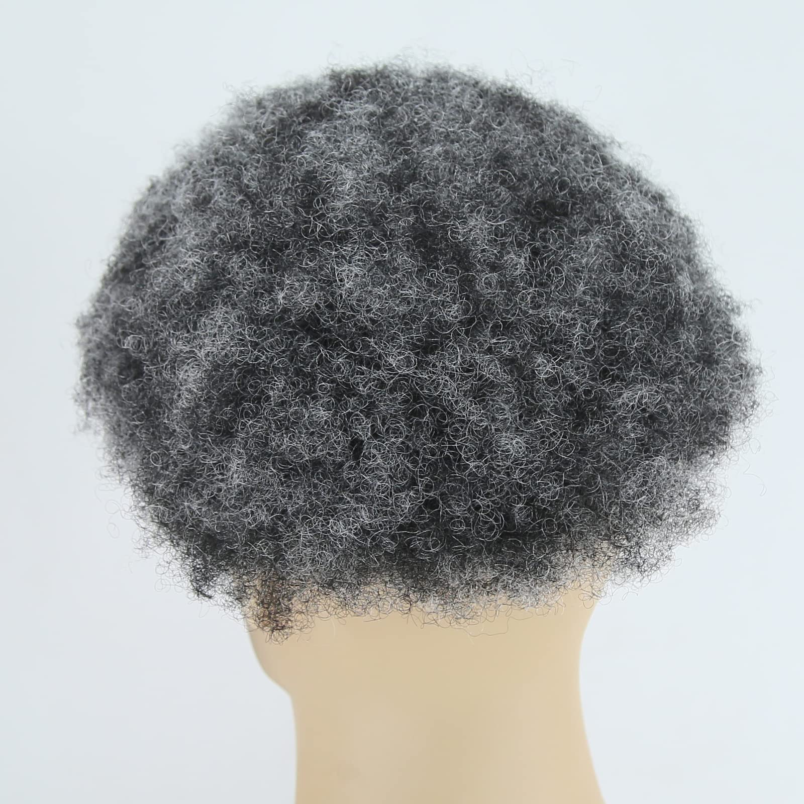 Men's Afro Toupee Wig 1B Mix 50% Grey - Human Hair Short Curly Afro Hairpiece with Mono & PU Base (8x10 Inch) - Perfect for Black Men's Hair Systems, Daily Wear & Special Occasions