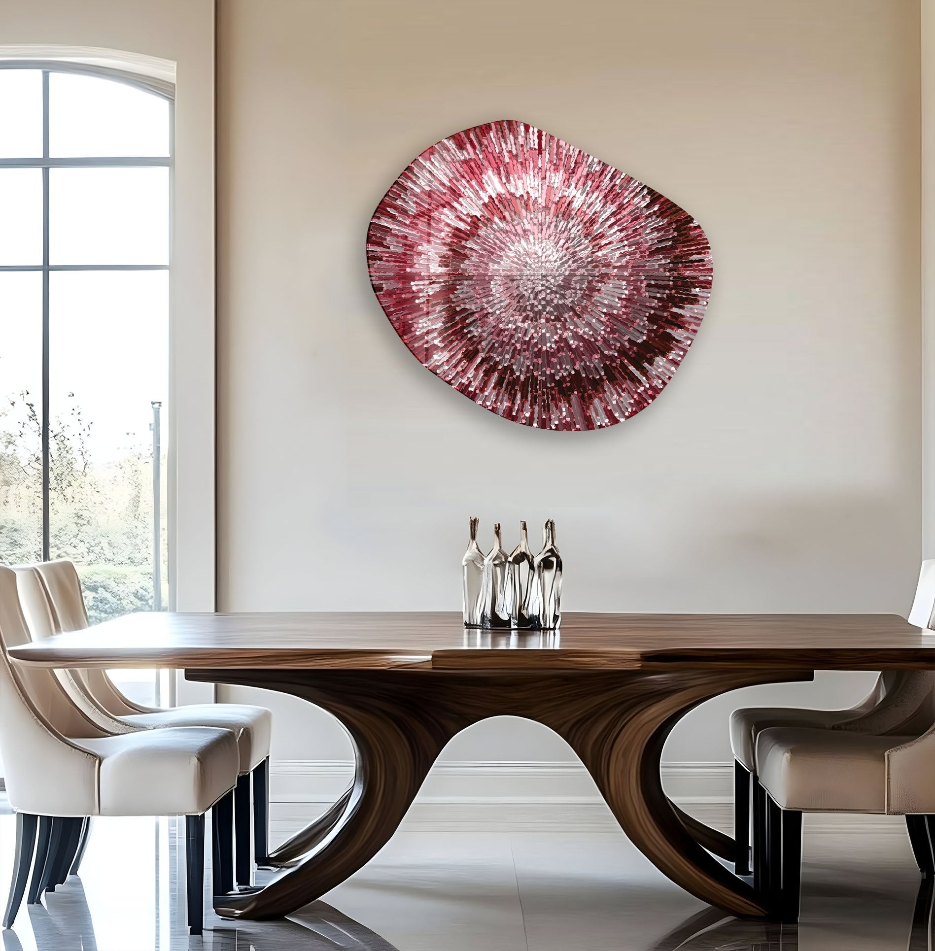 Abstract Red Lines Oval Glass Wall Art - Modern Home Decor for Living Room, Bedroom & Office - Elegant Handmade Glass Artwork