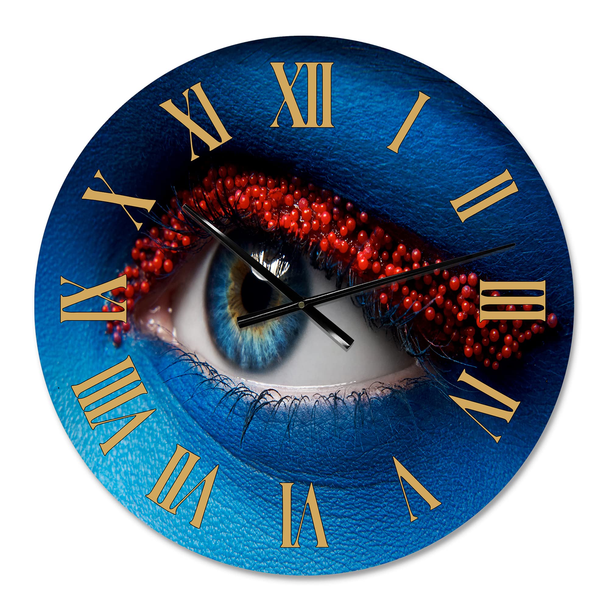 Modern Large Wall Clock - Female Eye with Blue Paint & Red Balls - Stylish Office Decor for Home & Workspace - Perfect for Living Room, Bedroom, or Office Wall Art