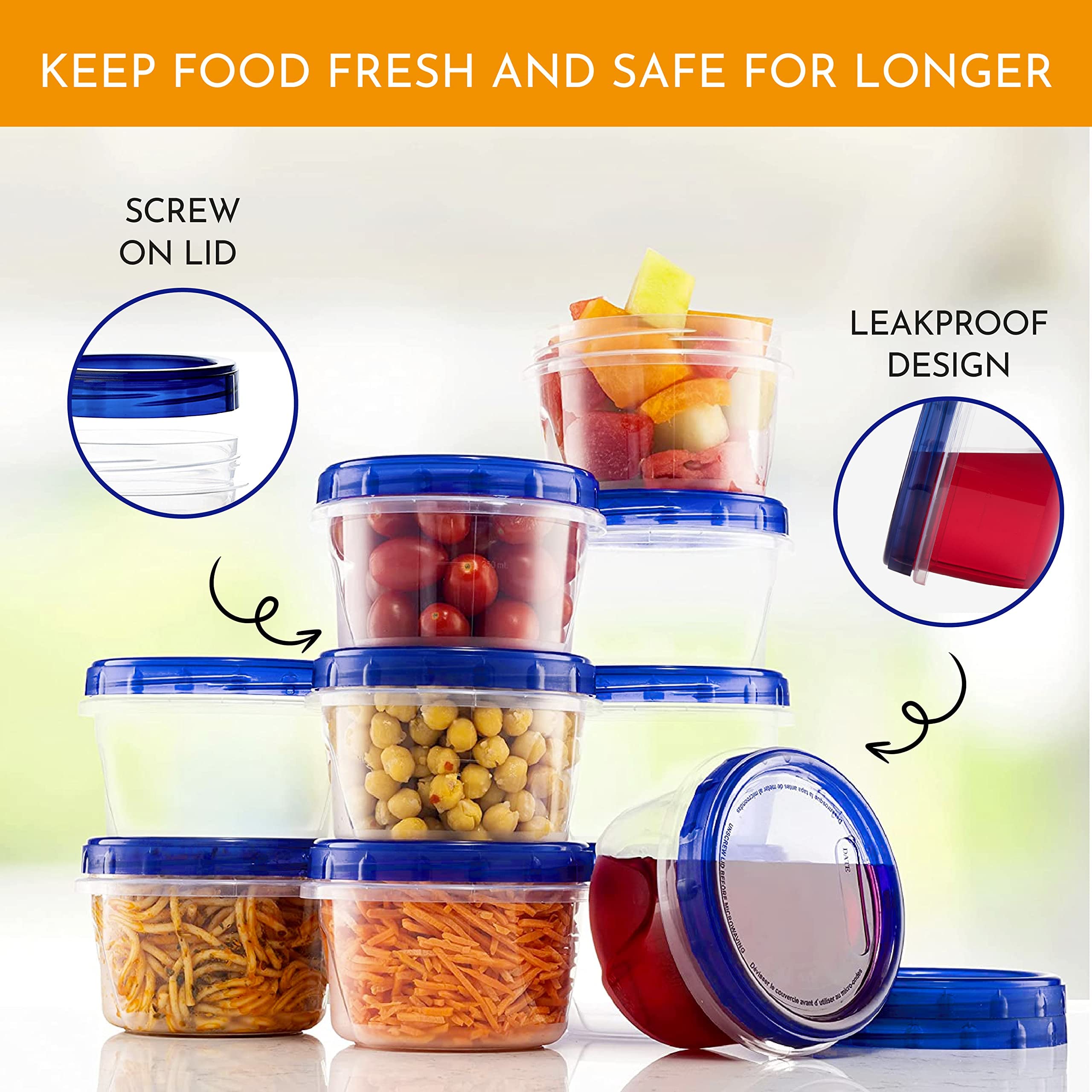 AQUA BLUE 16 Oz Soup Freezer Storage Containers with Twist Top Lids - 10 Pack, Reusable BPA-Free Plastic Food Containers, Leak Proof, Airtight, Stackable & Microwave Safe - Perfect for Meal Prep, Leftovers, Freezing Soups & Food Storage