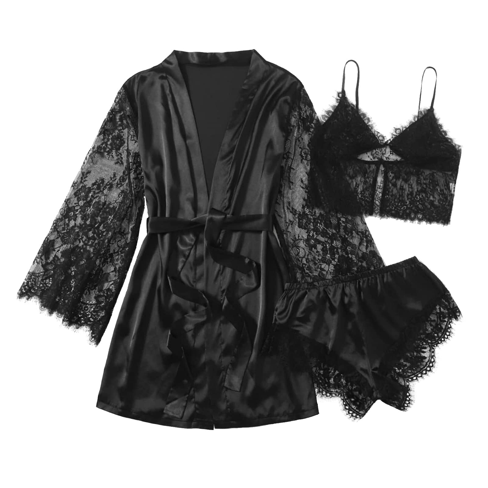 Women's Satin Lingerie Set - Sexy Role Play Nightwear, Pajamas & Sleepwear for Women (Black, XXL) | Perfect for Valentine's Day, Boudoir Photography & Romantic Nights