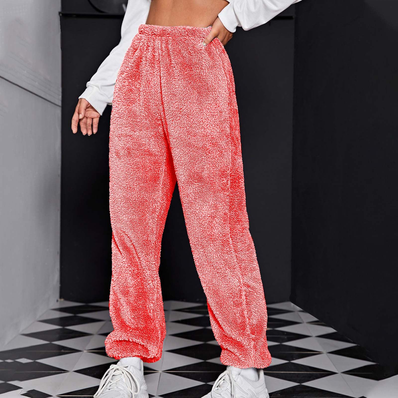 Cozy Women's Fleece Pajama Pants with Elastic Waistband - Soft Fuzzy Lounge Pants, Solid Color Cuffed Joggers with Pockets - Perfect for Winter, Home Relaxing & Casual Outings