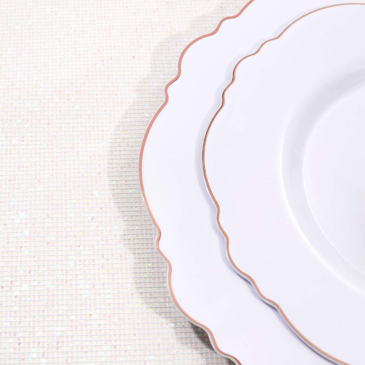 100-Pack Rose Gold Plastic Plates - Elegant Baroque White & Rose Gold Disposable Dinnerware Set (50x 10.25