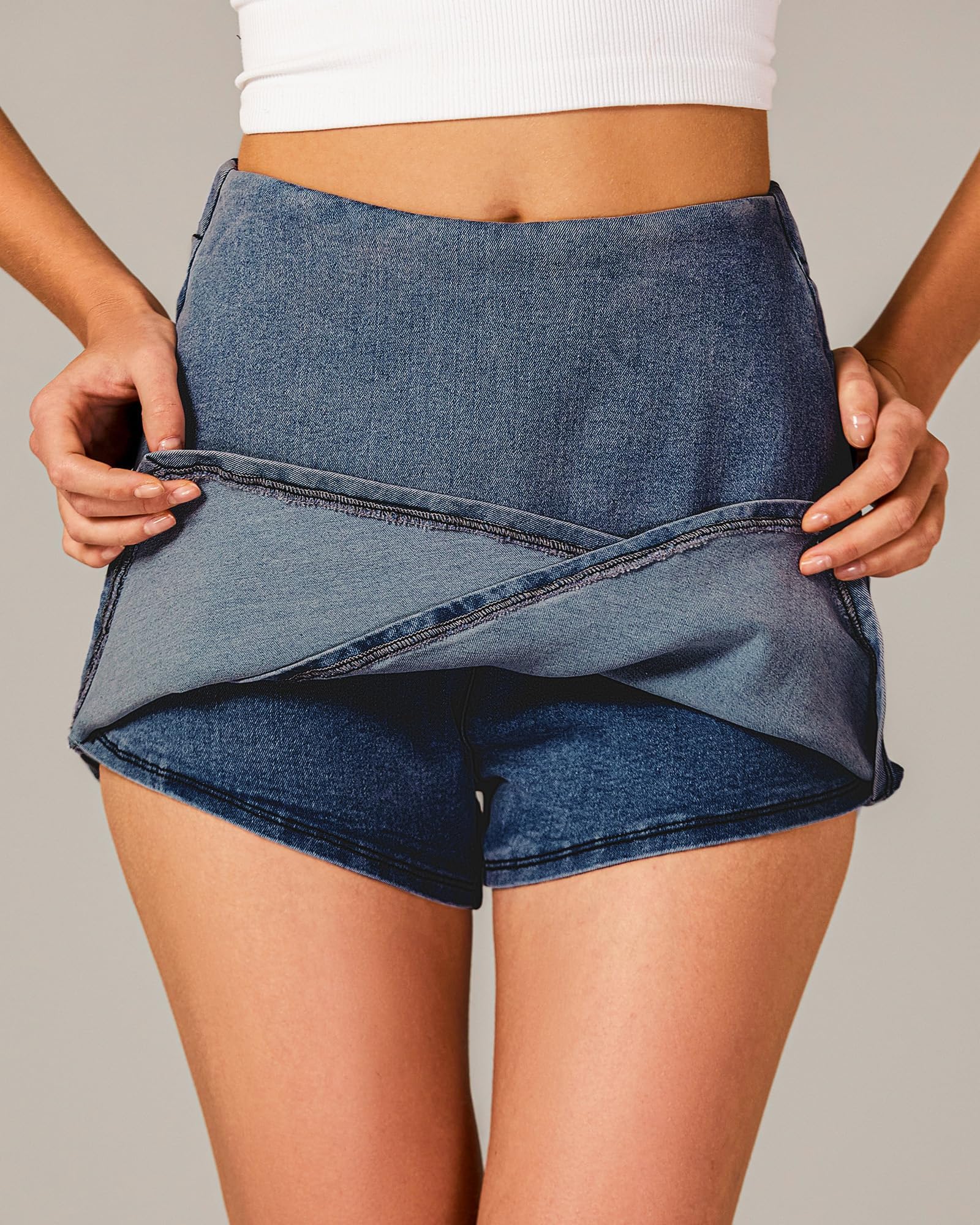 Luvamia High Waisted Jean Skorts for Women - Stretchy Pull On Denim Wrap Skirt with Built-in Shorts, Trendy Asymmetrical Design | Perfect for Casual Outings, Summer Vacations and Office Wear