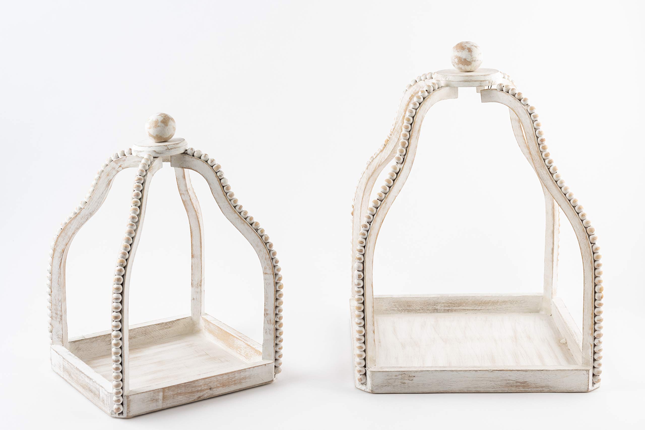 Distressed White Wash Wood Beaded Lantern Set by Mud Pie - Rustic Farmhouse Decor for Patio, Garden, Wedding & Home Decoration