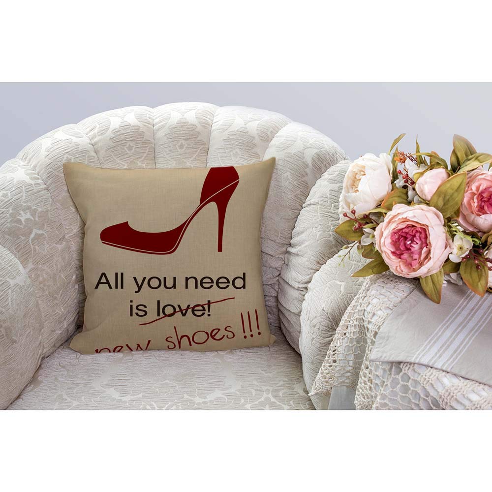HGOD DESIGNS Funny Women Love Shoes High Heel Throw Pillow Cover - 16x16 Inch Cotton Linen Polyester Decorative Cushion for Sofa, Couch, Chair & Bedroom Decor - Perfect Gift for Shoe Lovers & Home Styling