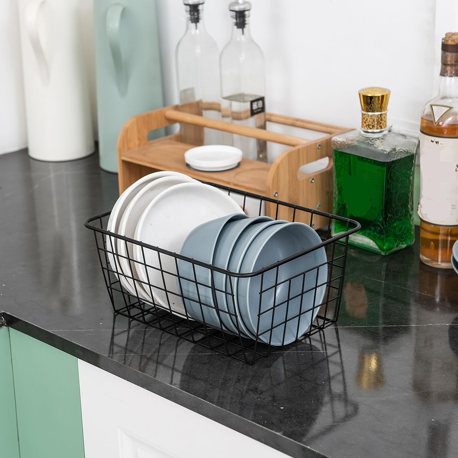 5-Pack Black Wire Storage Baskets - Stackable Kitchen & Pantry Organizer, Laundry Basket for Bathroom, Bedroom & Countertop Organization - Perfect for Home, Office & Closet Storage Solutions
