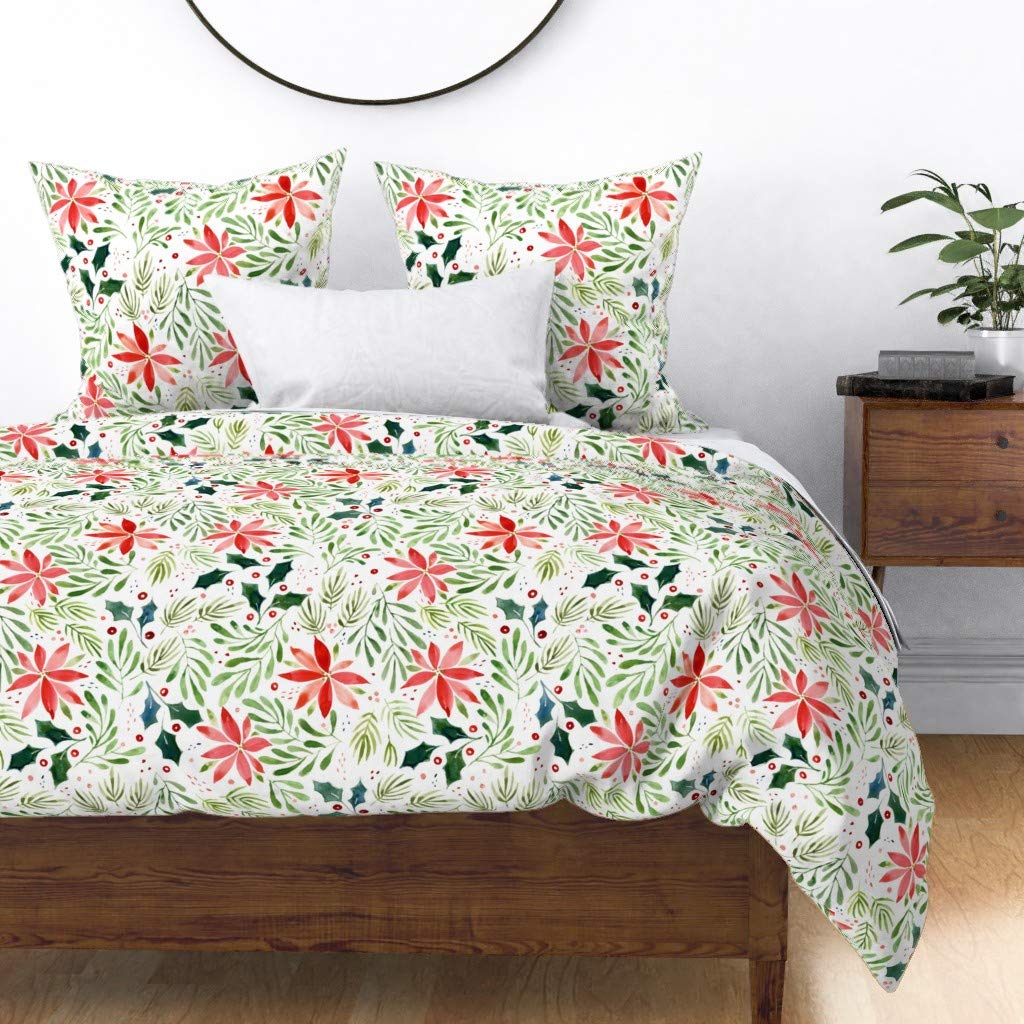 Custom Christmas Holly Winter Floral Berries Leaves Botanical Watercolor Duvet Cover - King/California King Size Cotton Sateen Bedding | Holiday Home Decor & Cozy Bedroom Upgrade