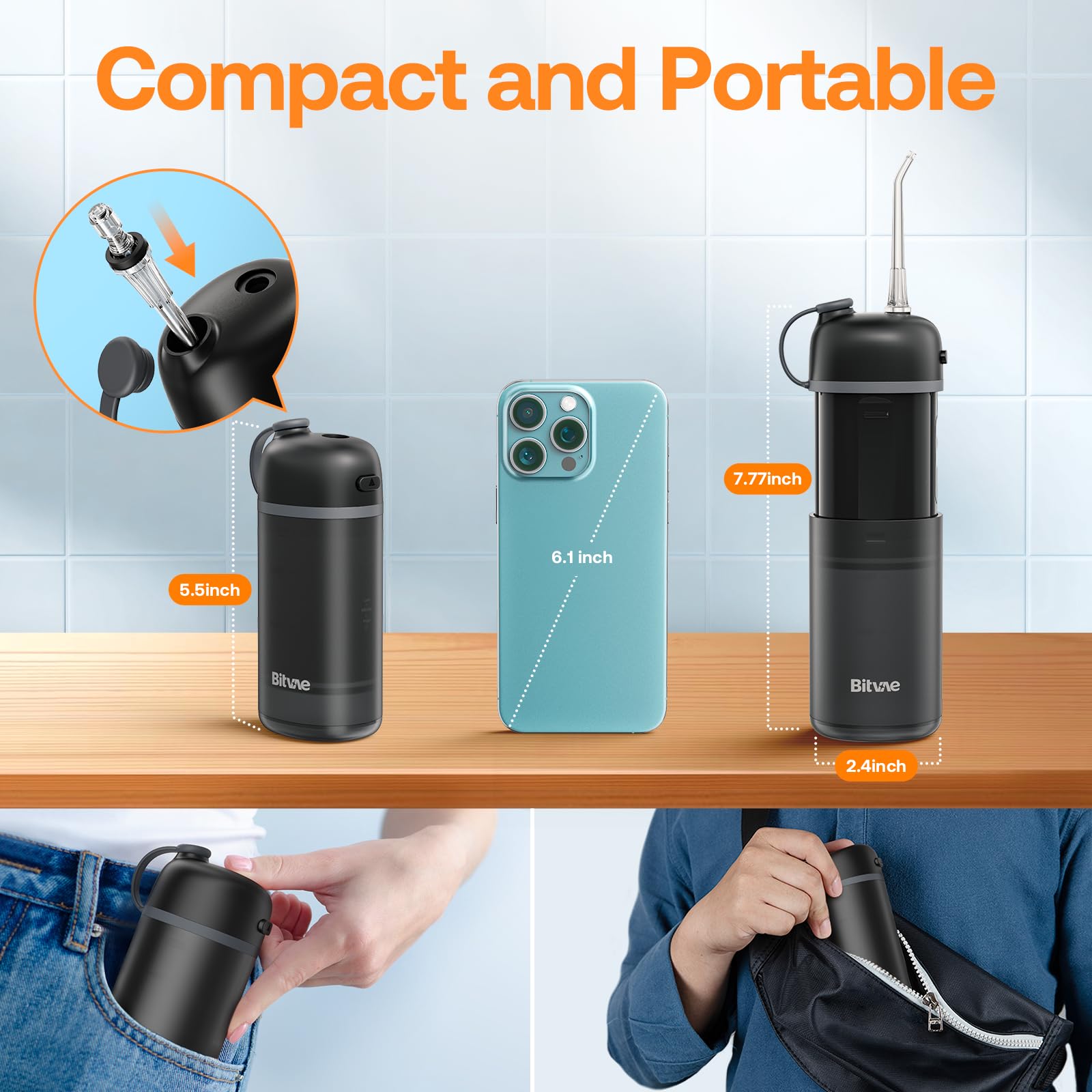 Bitvae P1 Cordless Water Dental Flosser - Portable Oral Irrigator for Travel with Telescopic Water Tank, IPX7 Waterproof Teeth Cleaner for Braces & Sensitive Teeth Care (Black) | Perfect for Home, Office & On-The-Go Oral Hygiene