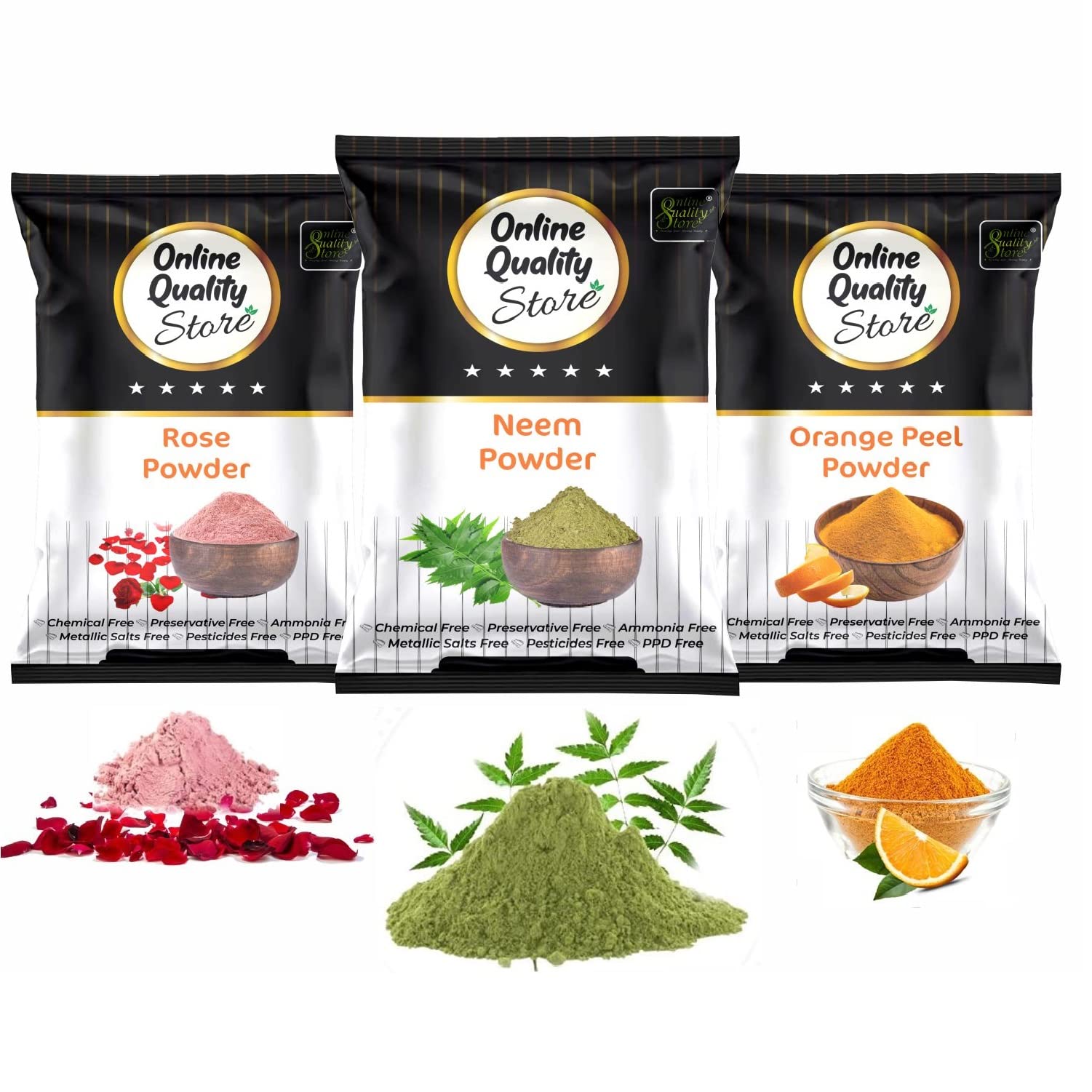 Premium Neem Leaves Powder, Rose Petals Powder & Orange Peel Powder Combo - 300g for Skin Radiance, Glow & Pigmentation Control | Anti-Spot, Dark Mark Removal | Organic Skincare for Face & Body Care