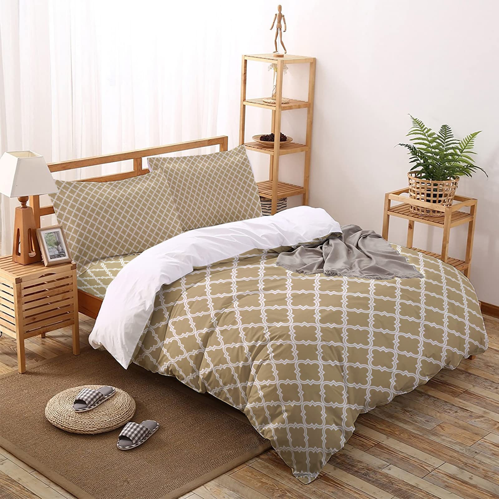 4-Piece Moroccan Style Duvet Cover Set - Ultra Soft Queen Bedding with Zipper Closure & Corner Ties - Classic Geometric Design for Cozy Bedroom Decor | Perfect for Master Bedroom, Guest Room & Airbnb