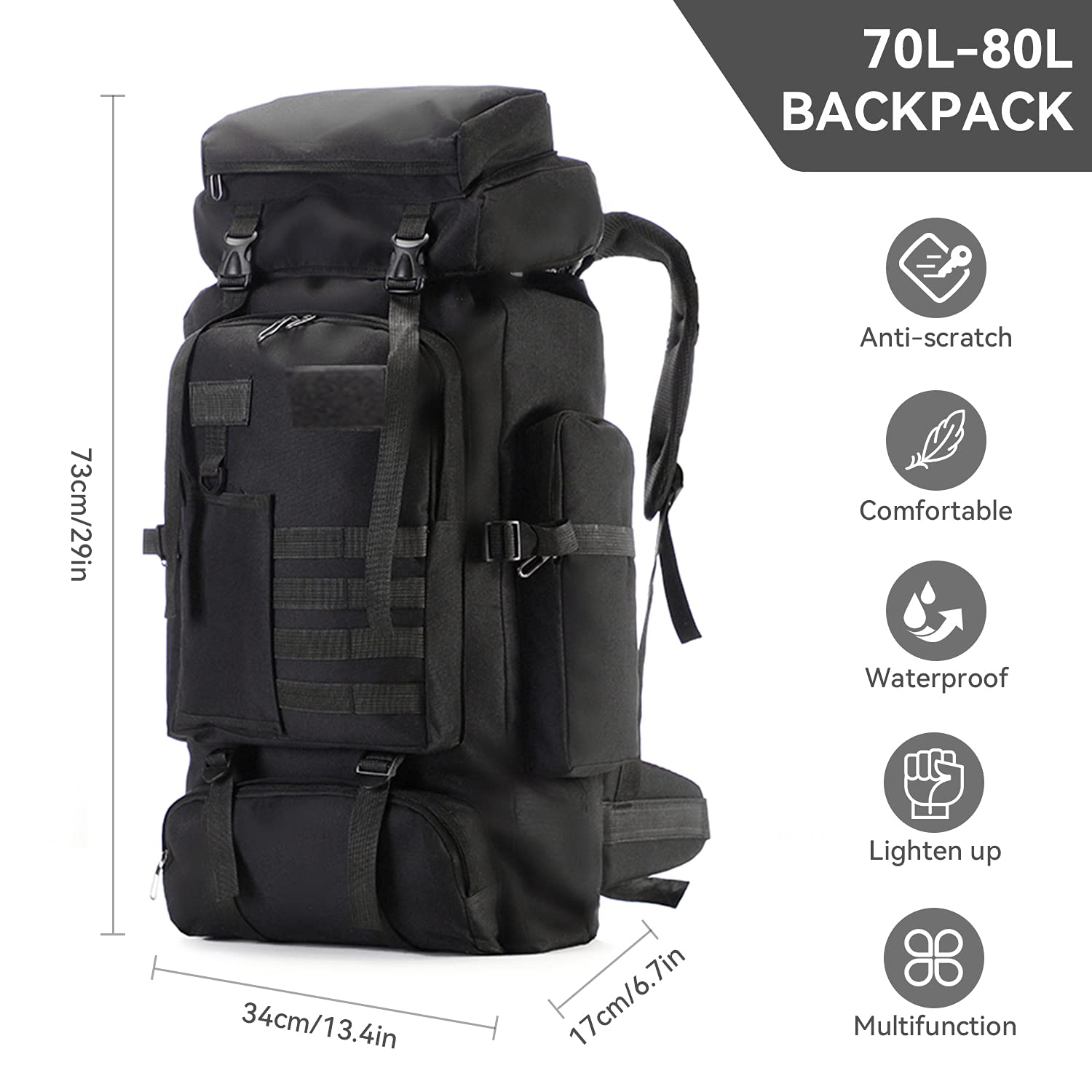 75L Lightweight Waterproof Hiking Backpack - Outdoor Trekking Bag for Camping, Skiing & Tactical Use - Durable Travel Backpack for Men & Women (Black)