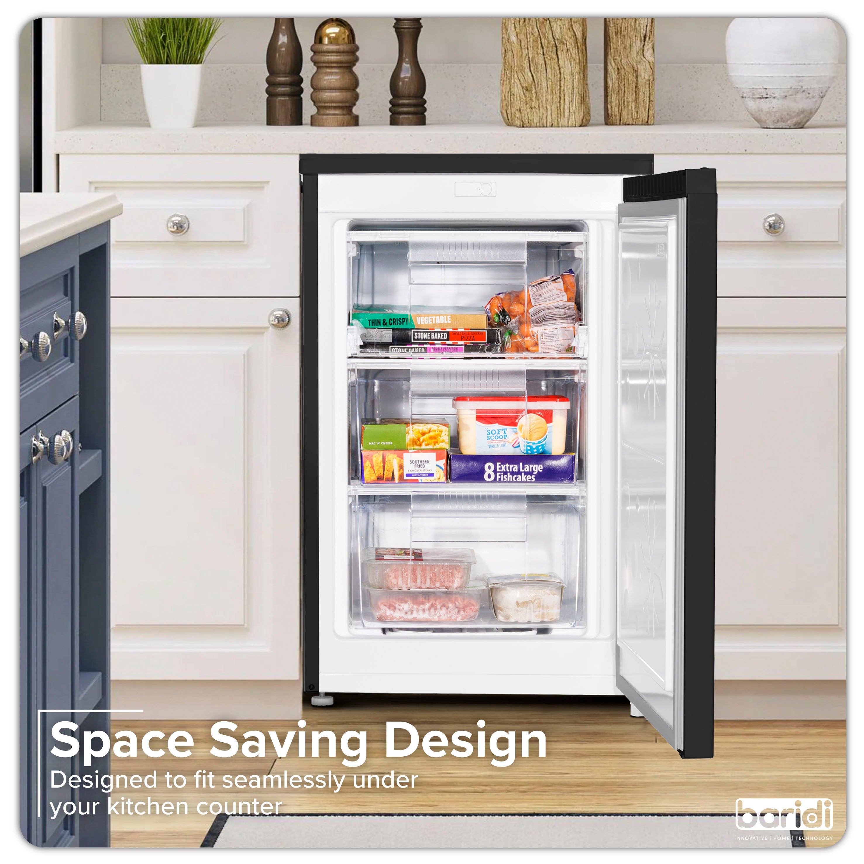 Baridi 55cm Undercounter Freezer with Adjustable Thermostat, 85L Capacity, Black (DH251) - Perfect for Kitchen, Basement, Garage & Small Spaces