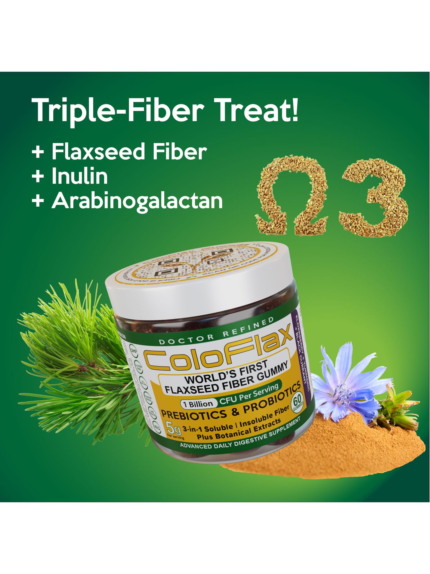 Organic Flaxseed Fiber Probiotic Gummies - Constipation Relief for Adults | Vegan Triple-Fiber Supplement for Digestive Health - 30 Servings