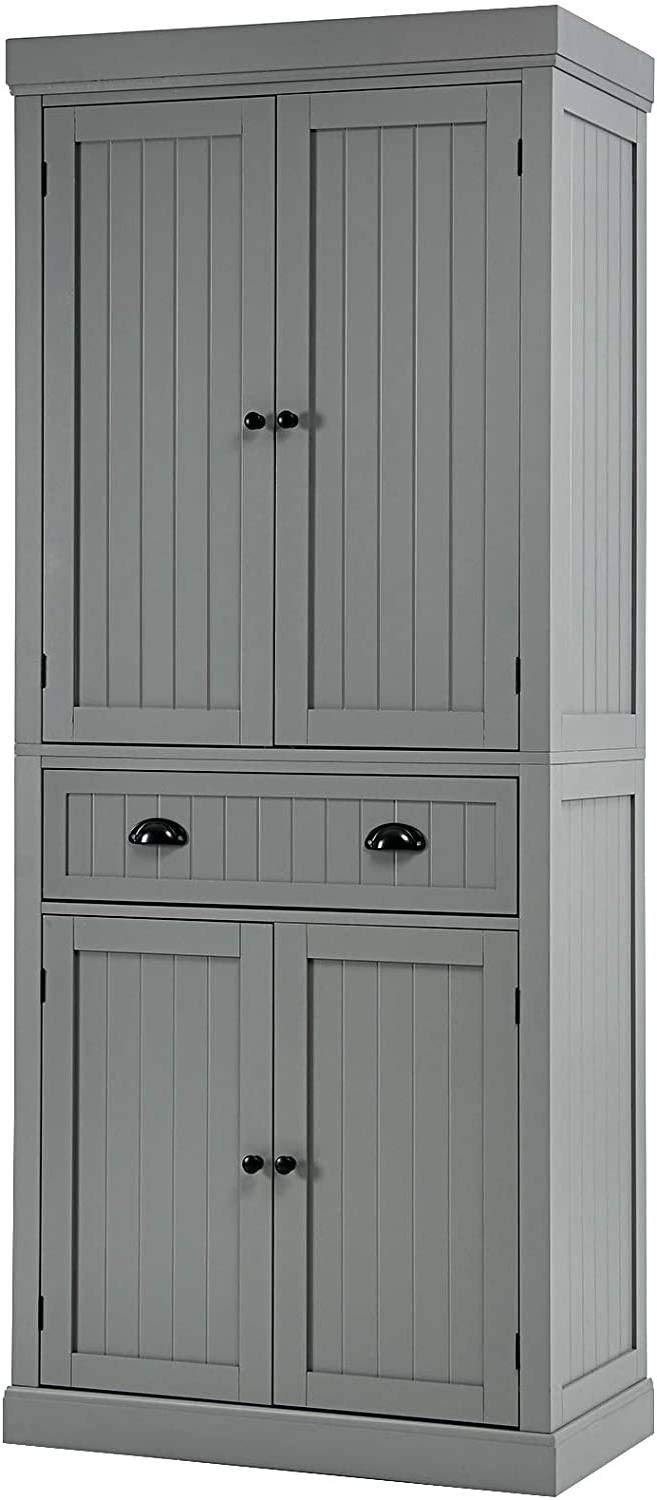 Freestanding Kitchen Pantry Cabinet with Adjustable Shelves - 6ft Tall Wood Storage Cupboard with 4 Shelves, 2 Pantries & 1 Drawer - Grey Utility Cabinet for Kitchen, Hallway, Living Room - Perfect for Small Space Organization & Home Storage Solutions