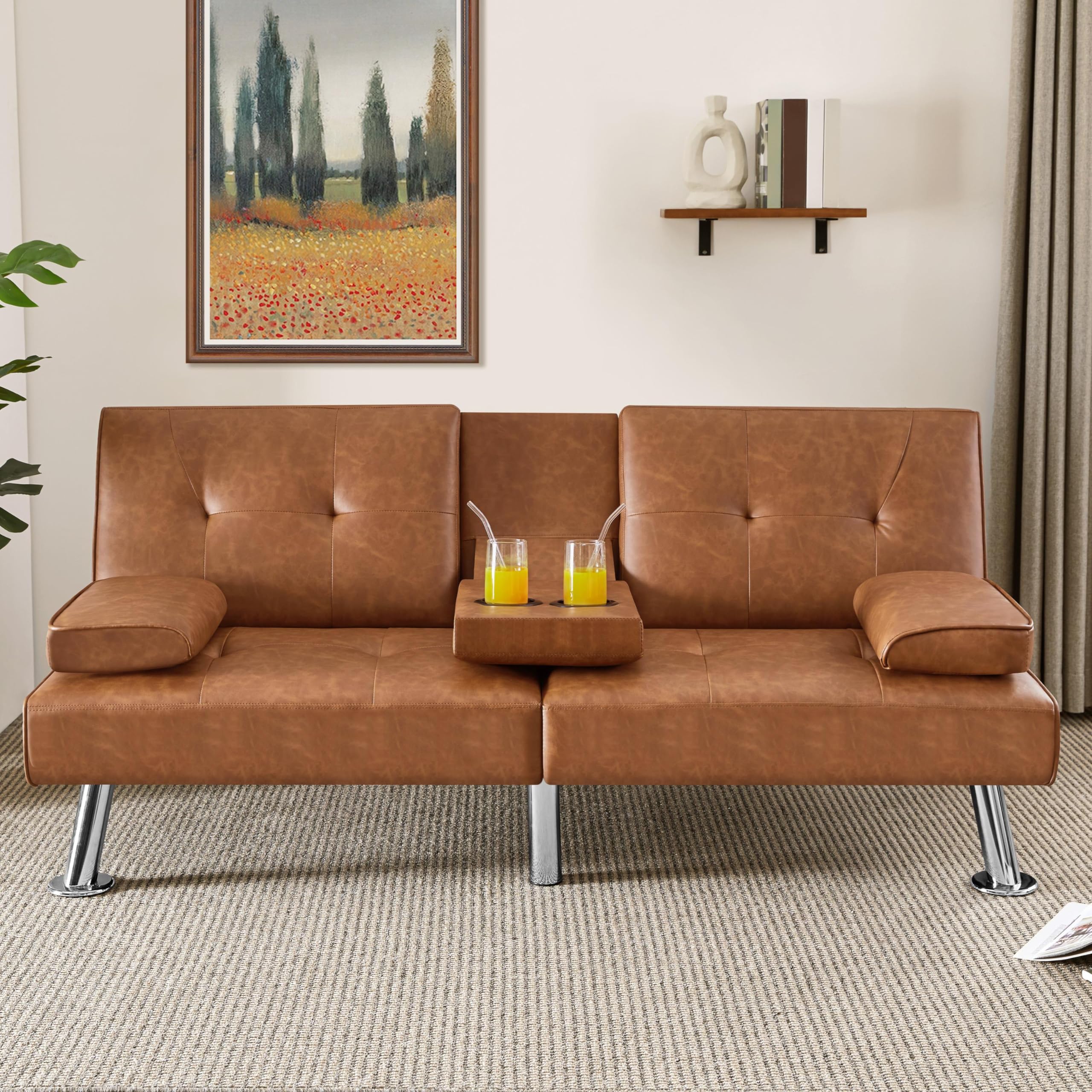 Yaheetech Convertible Sofa Bed - Adjustable Faux Leather Recliner Loveseat with Removable Armrests & Cup Holders, 3-Position Reclining, 772lb Weight Capacity, Brown - Perfect for Small Spaces, Guest Rooms & Apartments