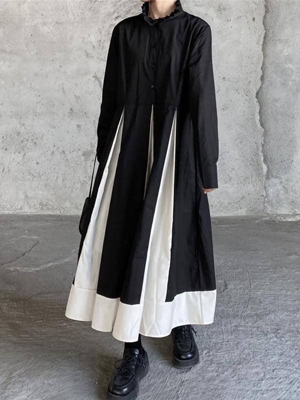 Lovevop Black and White Stitching Stand Collar Large Swing Retro Dress - Vintage Style Flowy Dress for Women, Perfect for Parties, Weddings & Date Nights