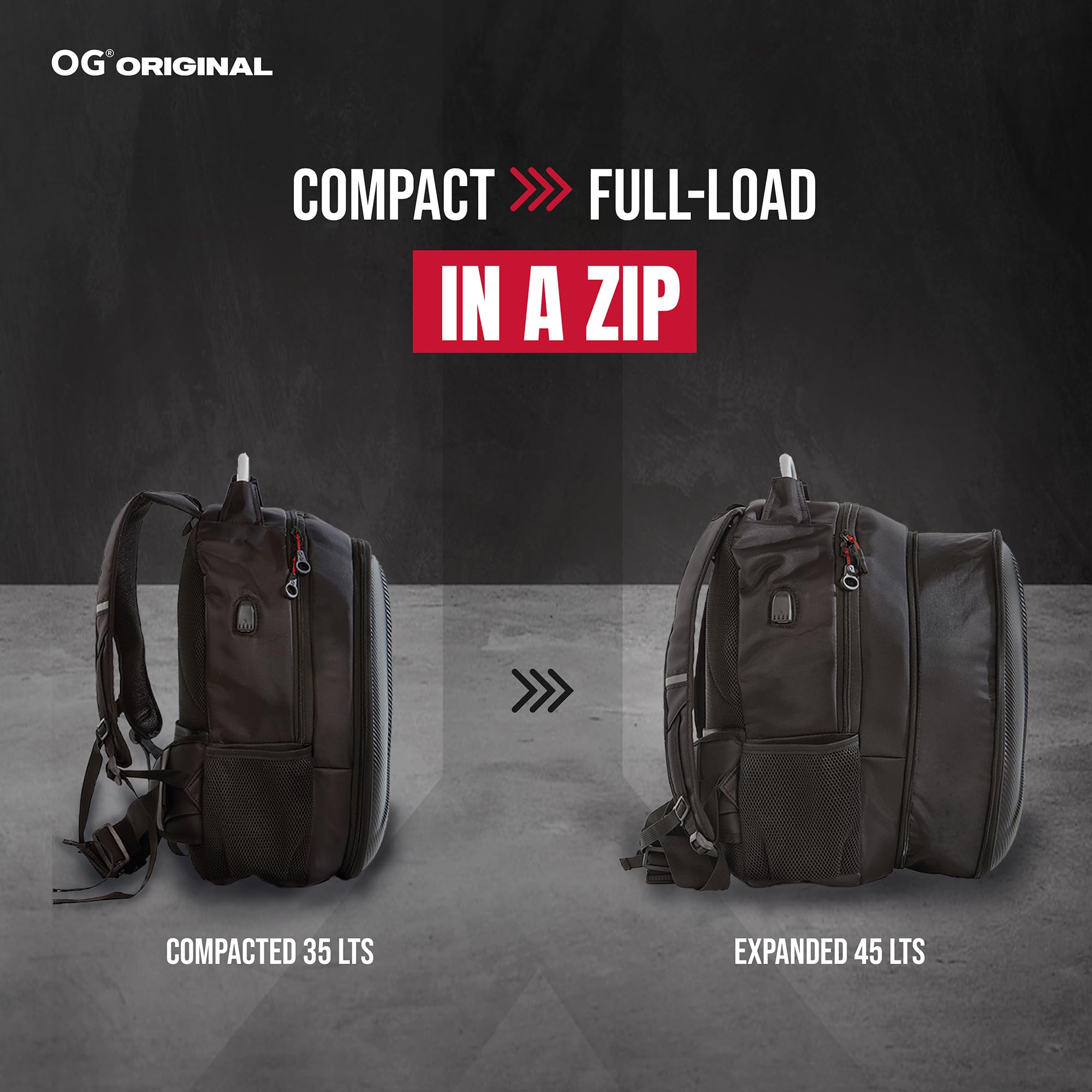 OG Original GetAway Waterproof Motorcycle Backpack for Men - 35L-45L Expandable Hard Shell Helmet Bag with Anti-Theft, Reflective & USB Port - Perfect for Commuting, Road Trips & Adventure Riding
