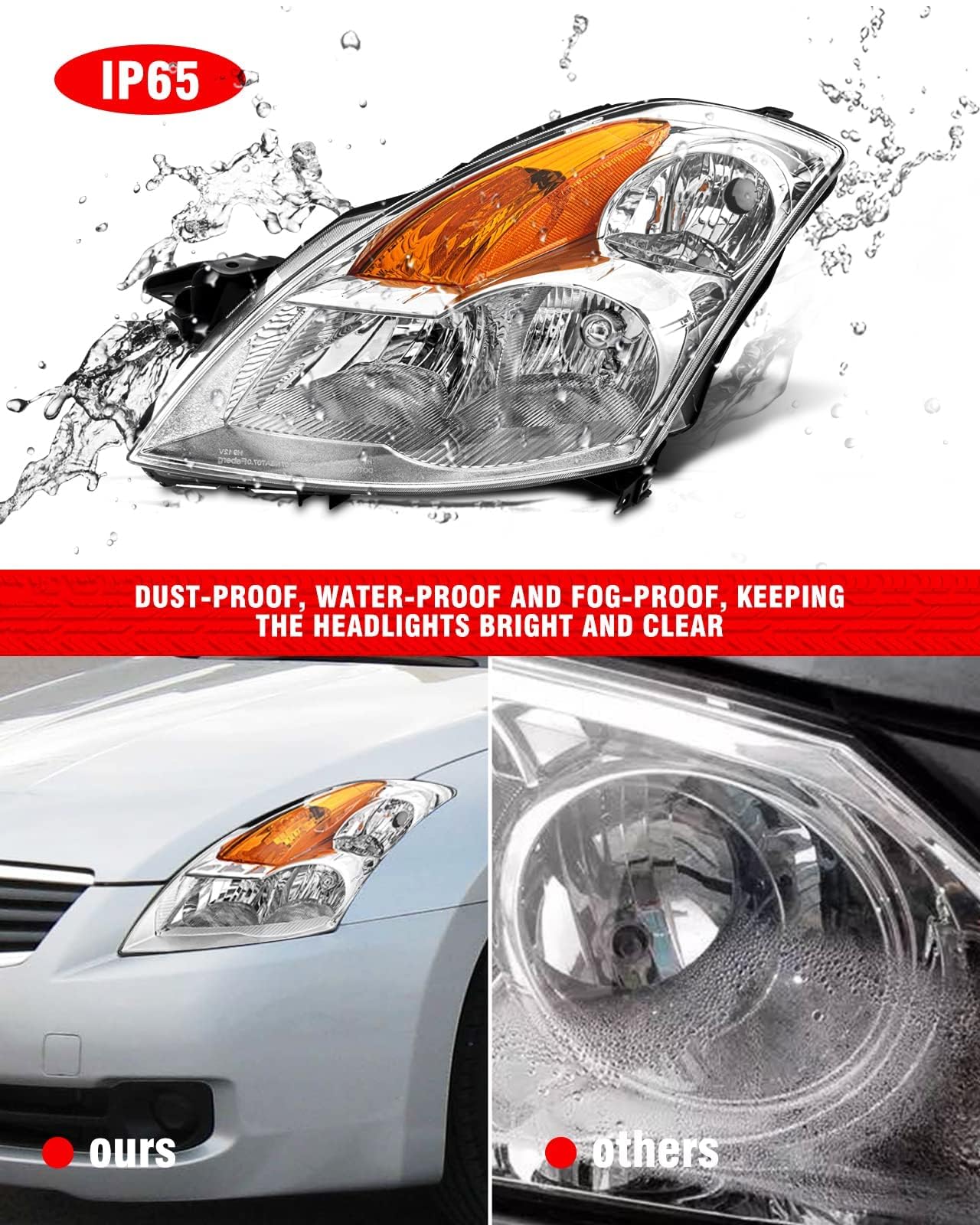 Nissan Altima Headlight Assembly Replacement - Compatible with 2007-2009 4Dr Sedan Models, Halogen Headlights, Clear Lens & Chrome Housing with Amber Reflector (Left & Right Pair) - Perfect for Night Driving and Enhanced Visibility