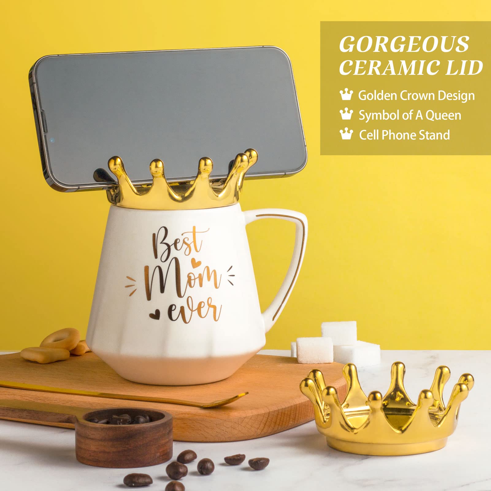 Best Mom Ever Ceramic Coffee Mug 12Oz with Crown Lid - Perfect Mothers Day Gift for Mom, Daughter, Son, Wife & Mother-in-Law - Ideal for Birthday, New Mom & Everyday Coffee Moments