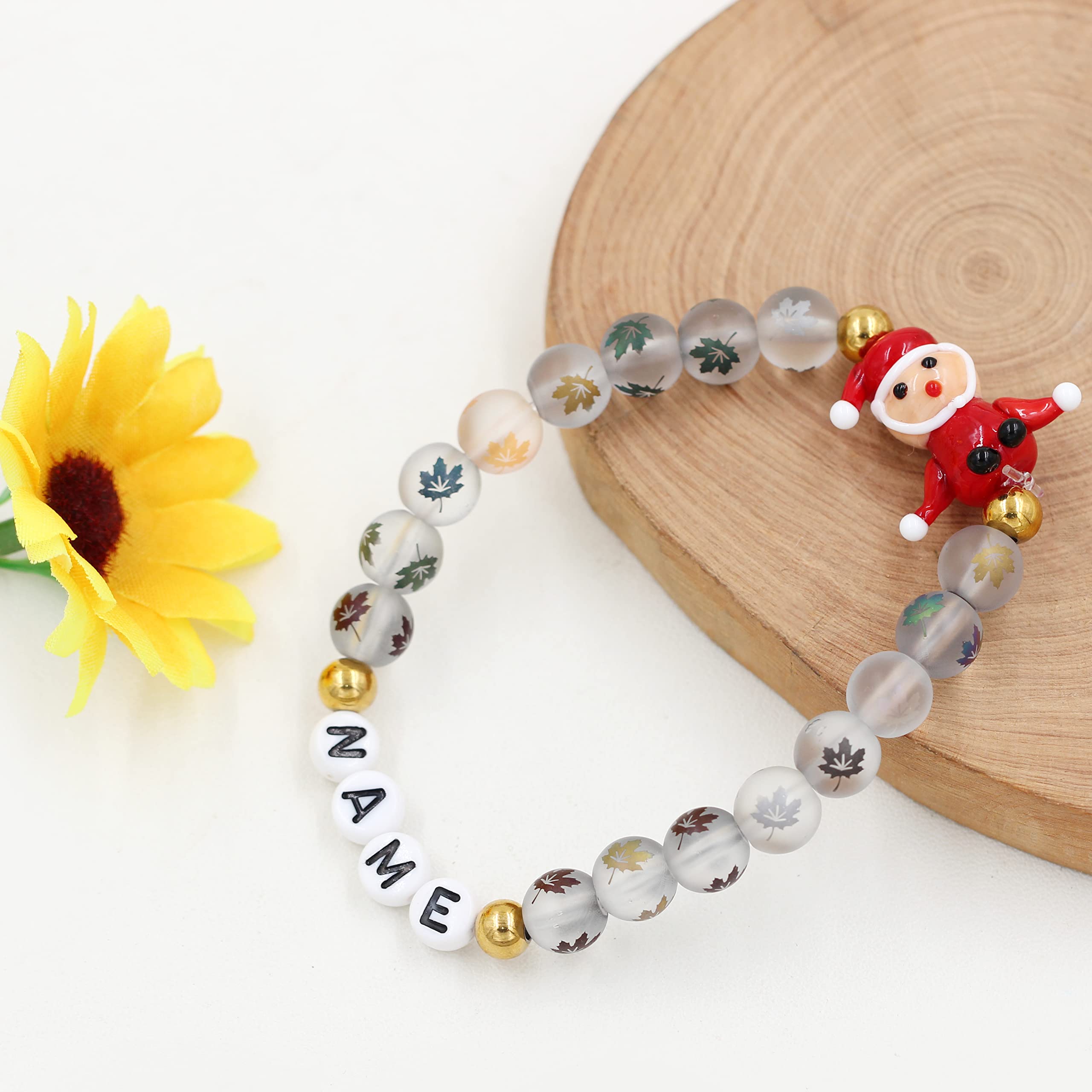 Personalized Name Custom Letter Bead Bracelet - Matte Maple & Lampwork Glass Beads - Christmas Gift for Her - Santa Claus Design - Perfect for Holiday Parties & Stocking Stuffers