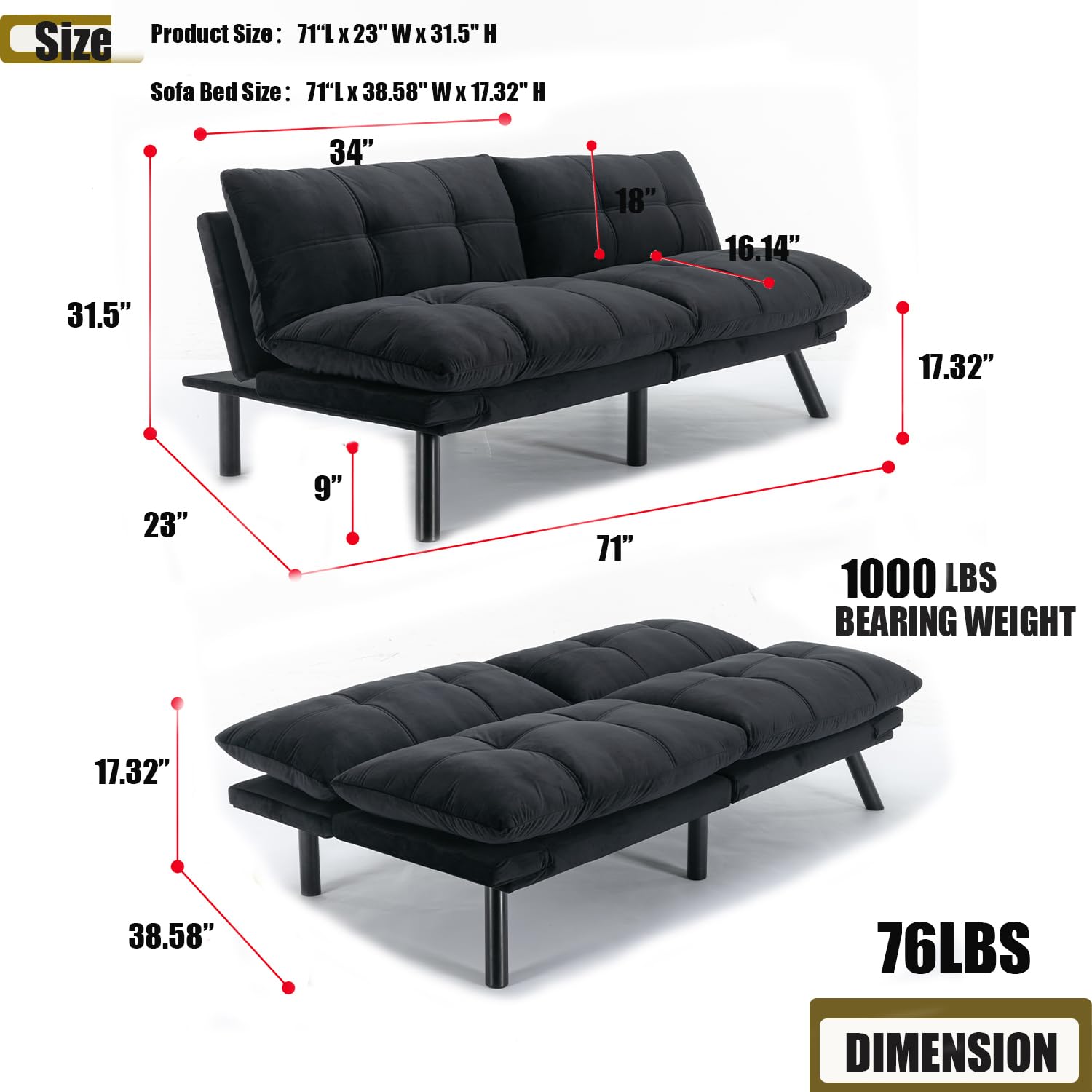 Convertible Futon Sofa Bed - Foldable Breathable Small Couch for Compact Spaces | Perfect for Studio Apartments, Living Rooms, Bedrooms, Offices & Dorm Rooms | Multi-Functional Loveseat (Black) - Great for Guest Sleeping, Relaxing & Small Space Living