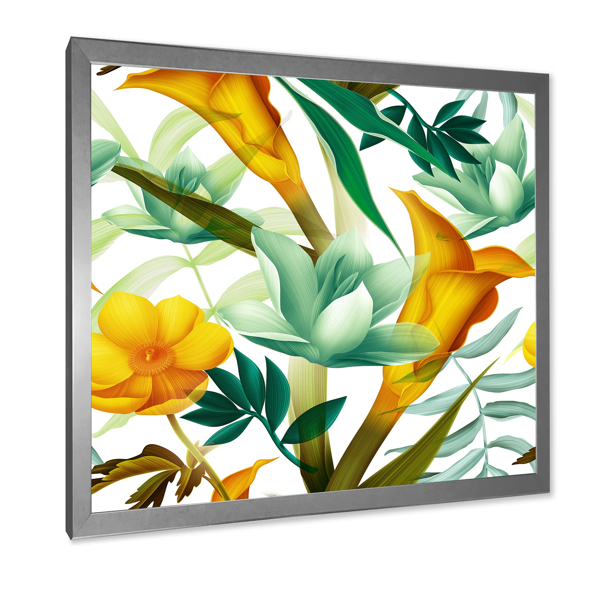 Tropical Foliage & Yellow Flowers III - Modern Framed Wall Art Print - Perfect for Living Room, Bedroom & Office Decor