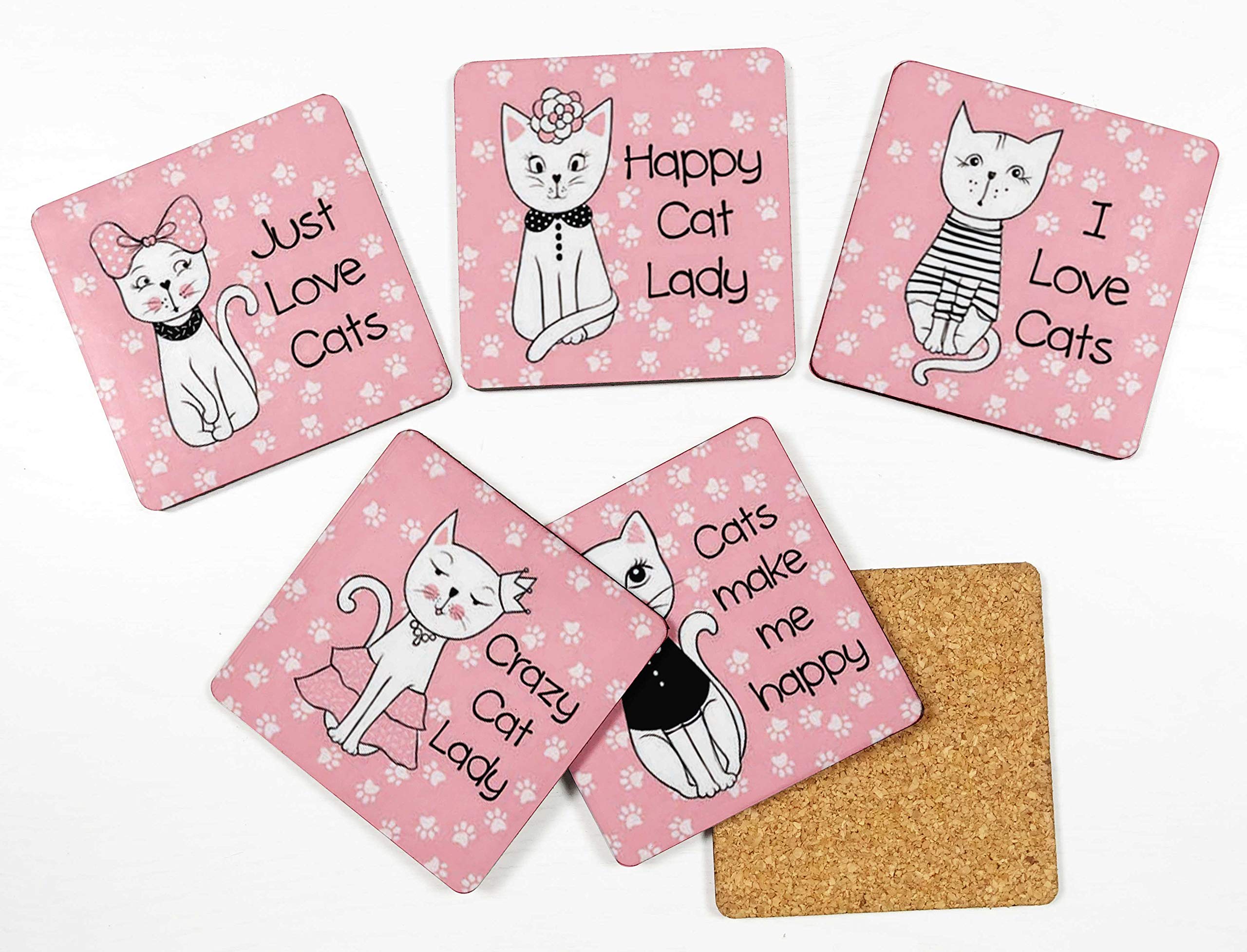 Set of 6 Reusable 4-Inch Square Drink Coasters with Cork Base - Easy Clean Cat Quotes Design - Perfect for Coffee Tables, Home Bars, and Office Use