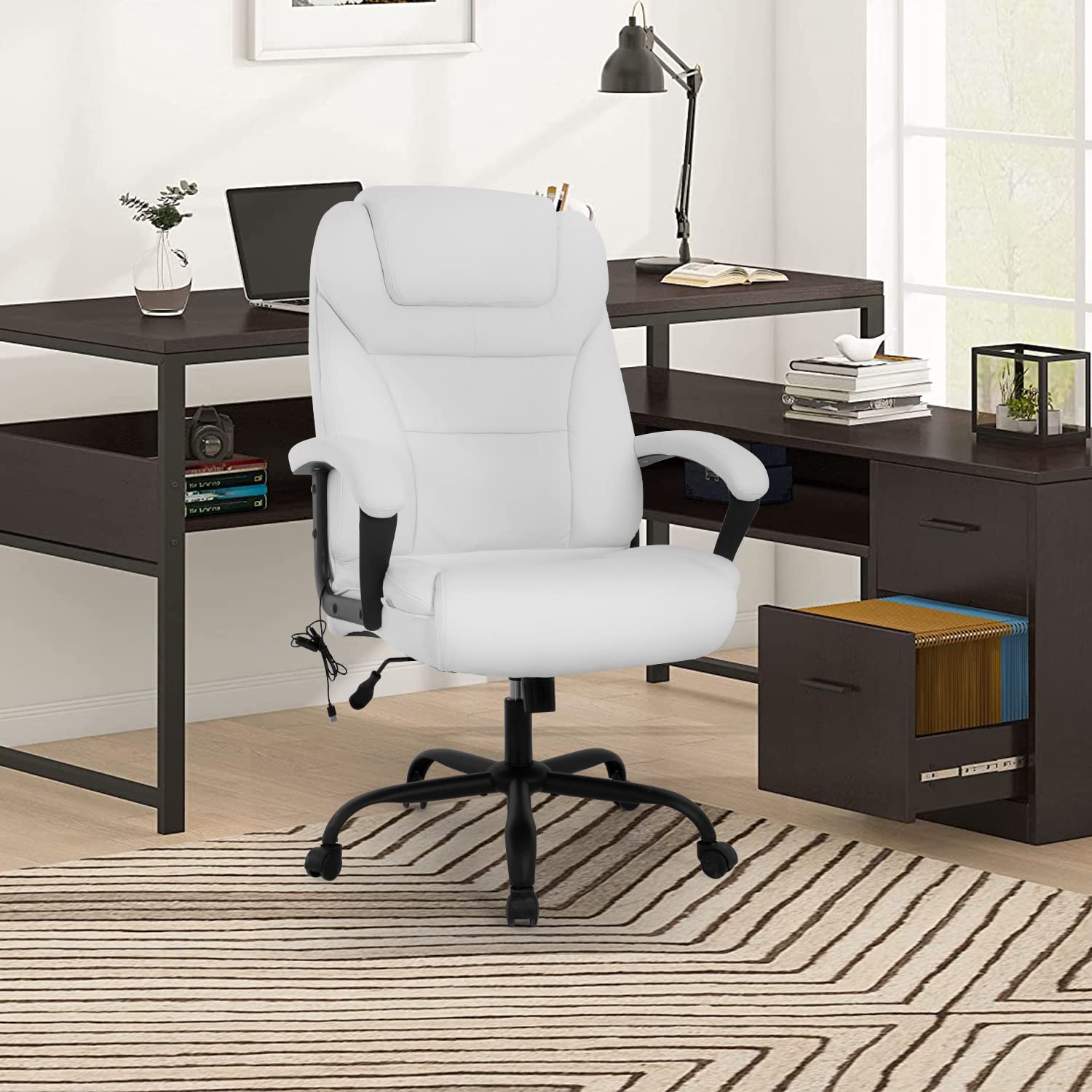 Big and Tall 500lbs Ergonomic Office Chair - High Back PU Leather Executive Desk Chair with Lumbar Support & Adjustable Arms - Wide Seat Computer Task Chair for Home Office (White) - Perfect for Long Work Hours & Heavy-Duty Use