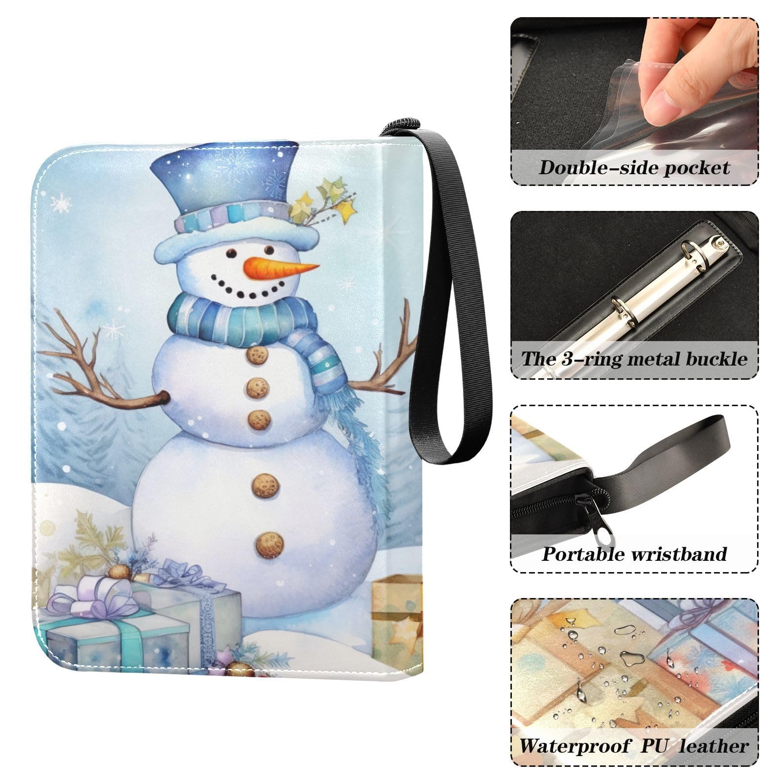 Blue Snowman Christmas Trading Card Binder - 4 Pocket Card Holder Book with 50 Sleeves (Holds 400 Cards) | 3-Ring Sports Card Organizer | Perfect for Collectors & Holiday Gifts | Use for Baseball, Pokemon, Magic Cards & More