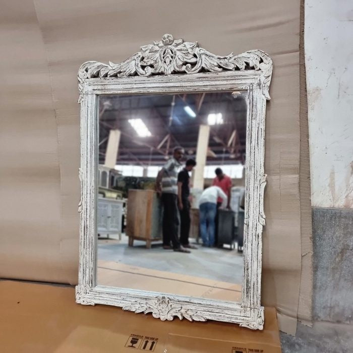 Handcrafted Solid Wood Carved Indian Furniture Mirror Frame - Rustic White, 100x2x145cm - Perfect for Living Room, Bedroom & Boho Home Decor