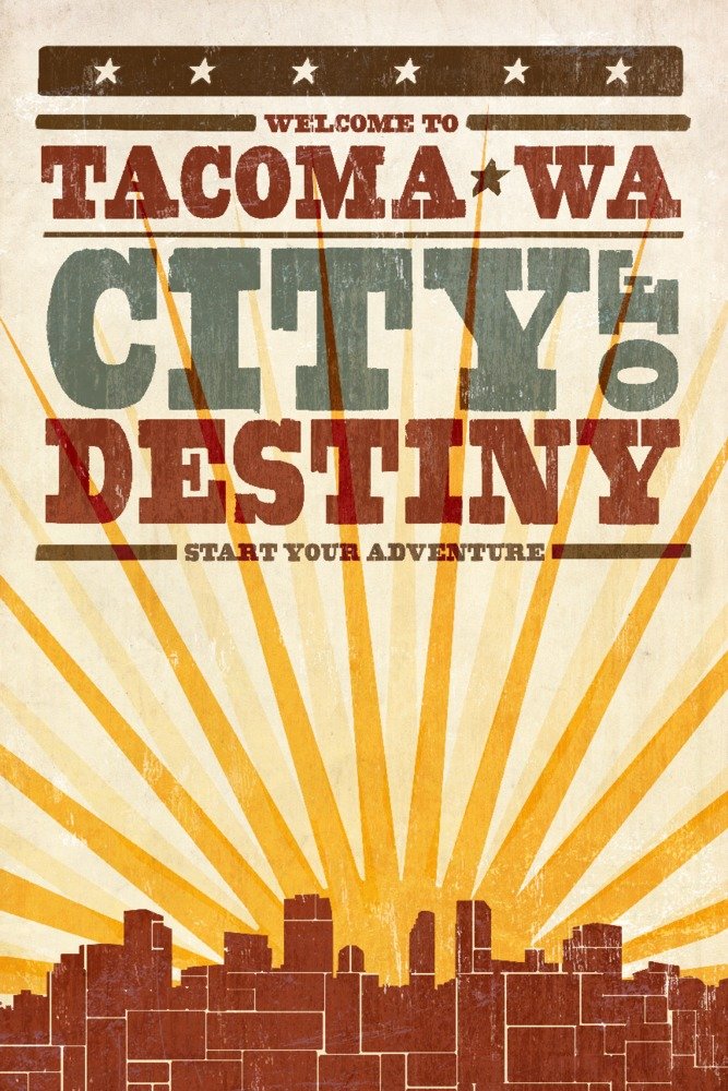 Tacoma Washington Skyline Sunburst Screenprint Art - 24x36 Signed Wall Decor Poster for Living Room, Office & Home Decoration