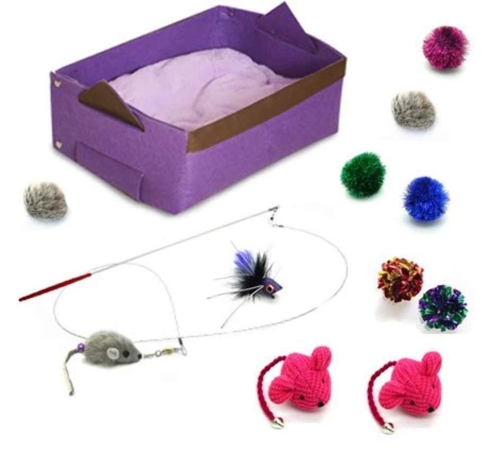 Purple Kitten Cat Toy & Bed Starter Kit - Soft Plush Pet Bed & Interactive Toys for Kittens - Perfect for Playtime & Nap Time at Home