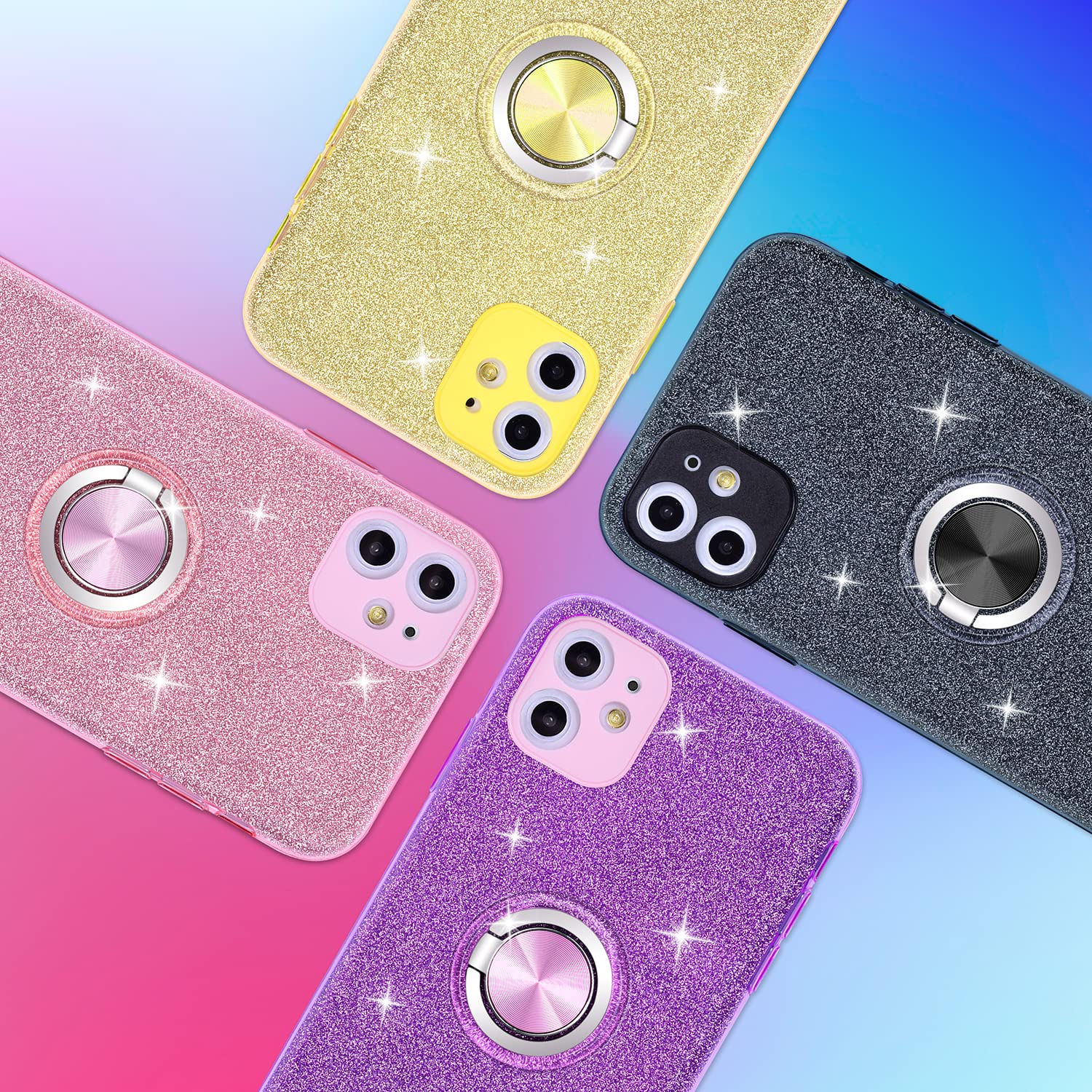 Wisdompro Sparkly Glitter Bling Phone Case with Ring Stand for iPhone 11 (6.1 inch) - Cute Protective Cover for Women & Girls | Perfect for Daily Use, Work, and Travel - Black